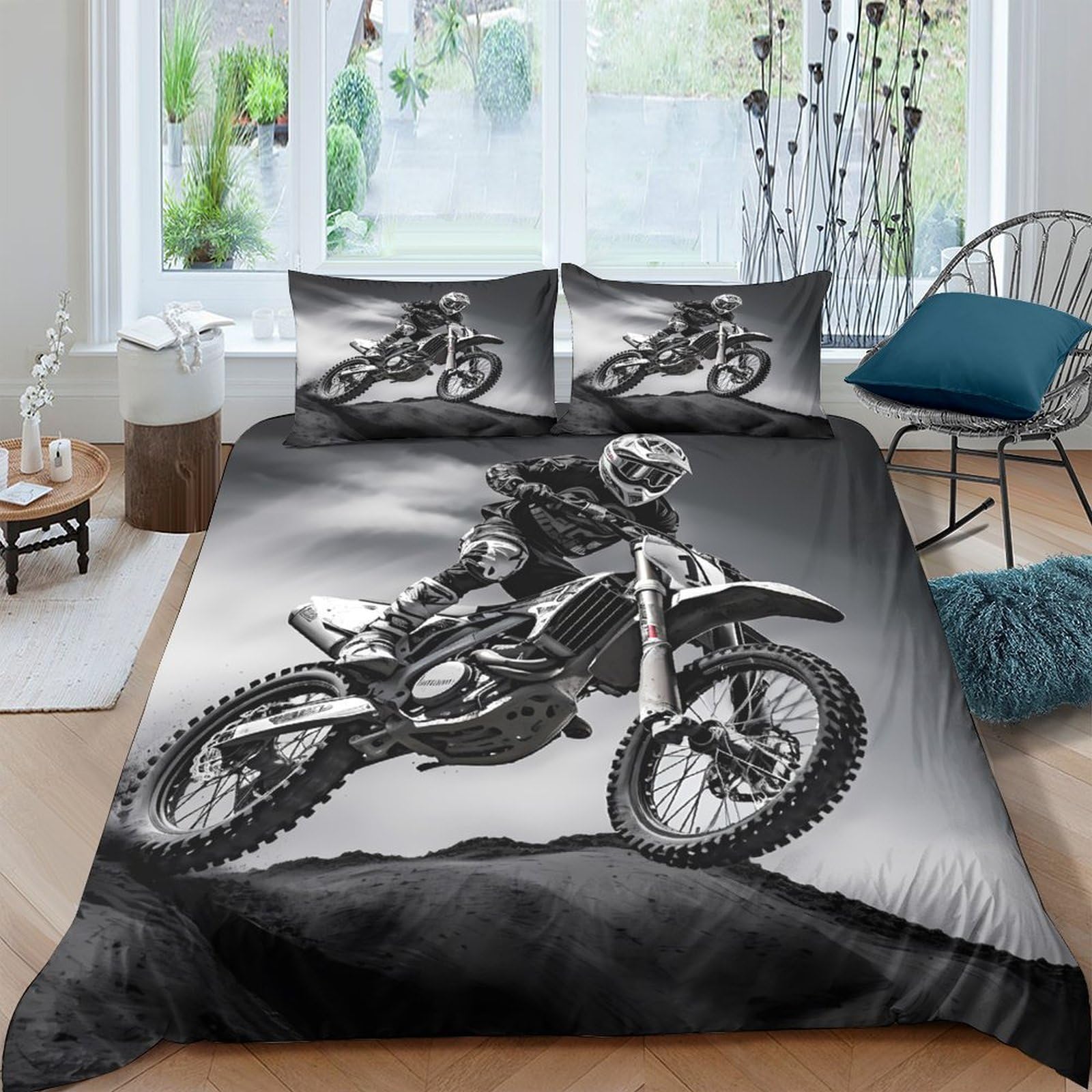 Ctjqhvkz Style-2 3D Printed Motocross Rider Fitted Sheet Microfiber Black White Motorcycle Bed Cover For Bedroom Guest Room Easy Care Single（135X200cm）