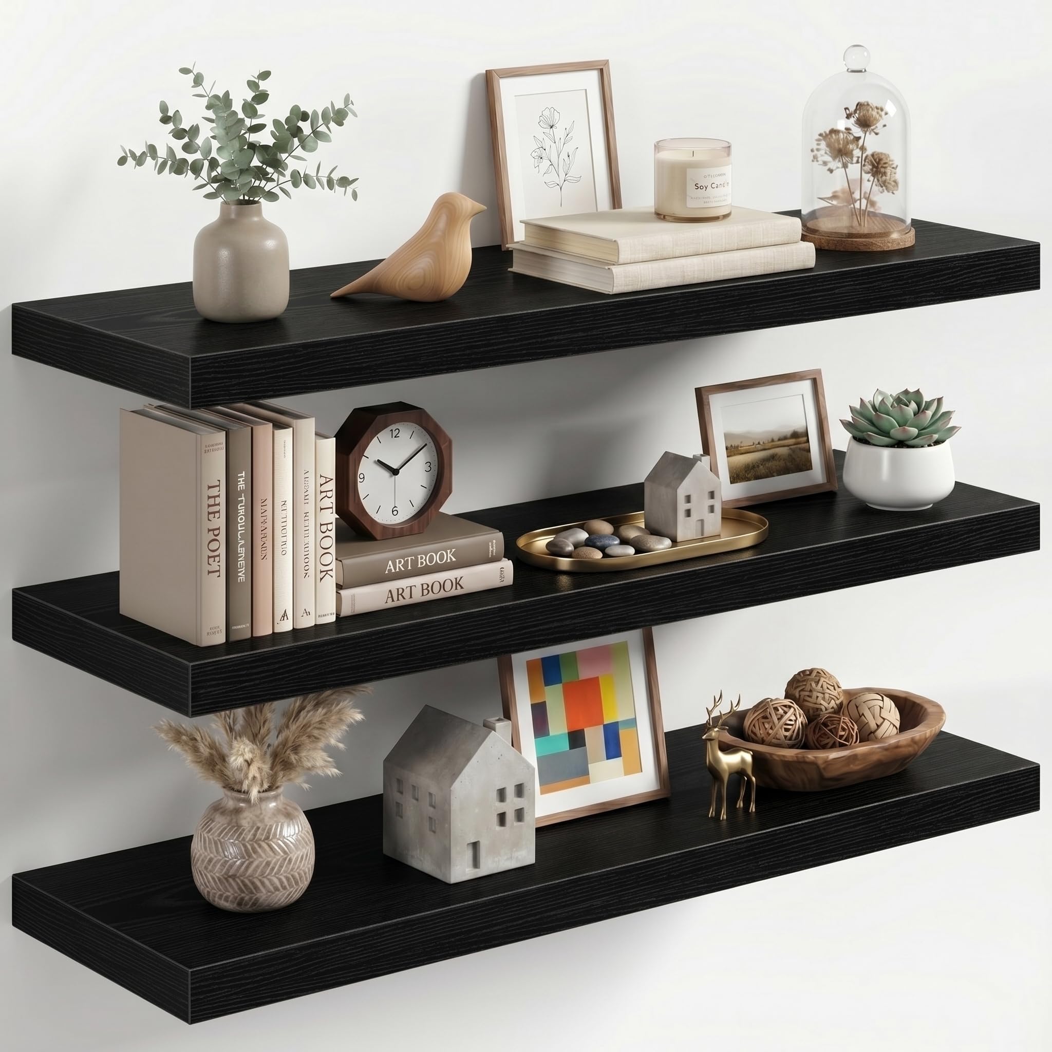 Fun Memories 32 Inch Floating Shelves for Wall, Black Wood Wall Mounted Shelf with Invisible Bracket, 10 Inch Deep Large Shelves for Living Room Bathroom Bedroom, Set of 3
