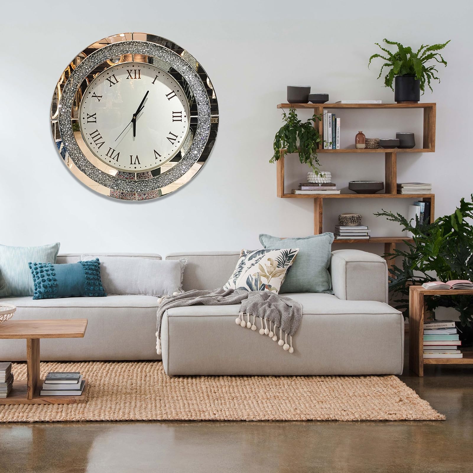 JTWALCLOCK Large Wall Clock For Living Room Decor Crystal Crush Diamond Mirrored Sparkle Twinkle Bling Modern Wall Clock Big Silver Mirror Home Decorative 20 Inch Silent Clock For Indoor Decor
