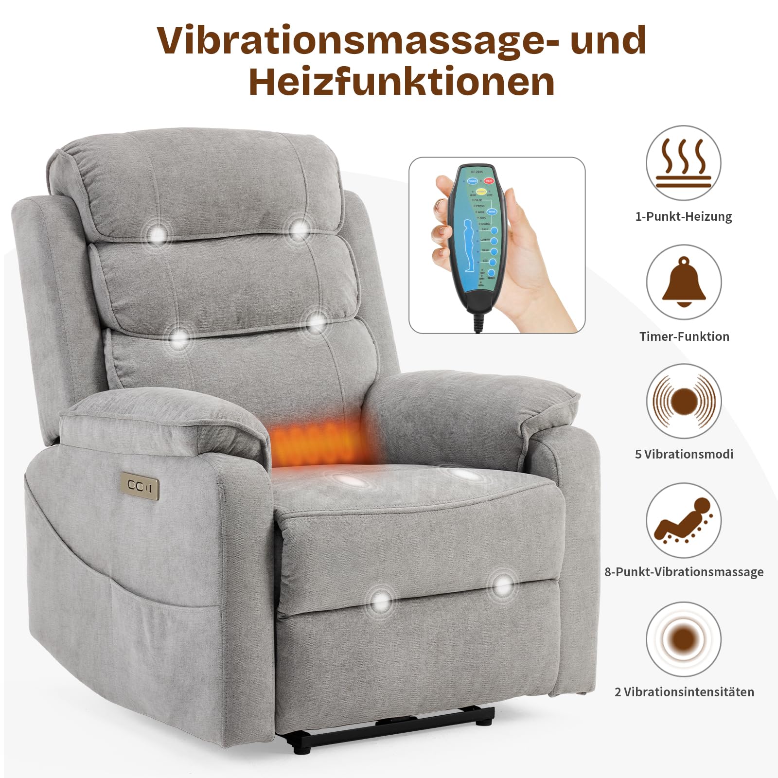 LEADZM Fernsehsessel Relaxsessel mit drahtloser Ladevorrichtung, 1 USB-Anschluss, 1 USB-C-Ladeanschluss, Liegen TV Sessel mit Heizung, Vibrationsmassage, Seitentaschen, Getränkehalter (Hellgrau)
