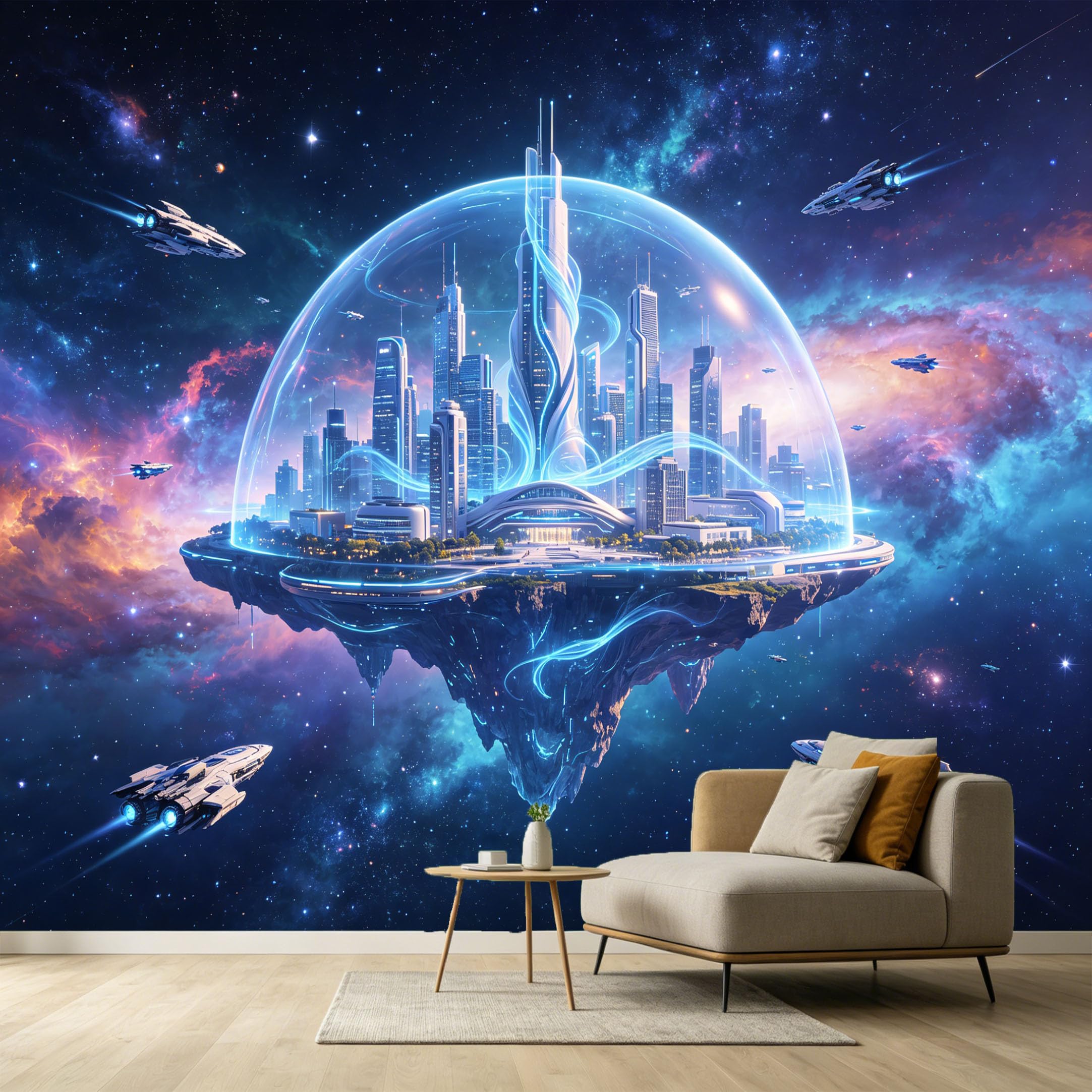 Custom Size Wall Murals Futuristic Science Fiction City Nebula Galaxy Spacecraft SelfAdhesive Wall Fabric Removable Large Wallpaper for Photo Living Room Modern Abstract Art