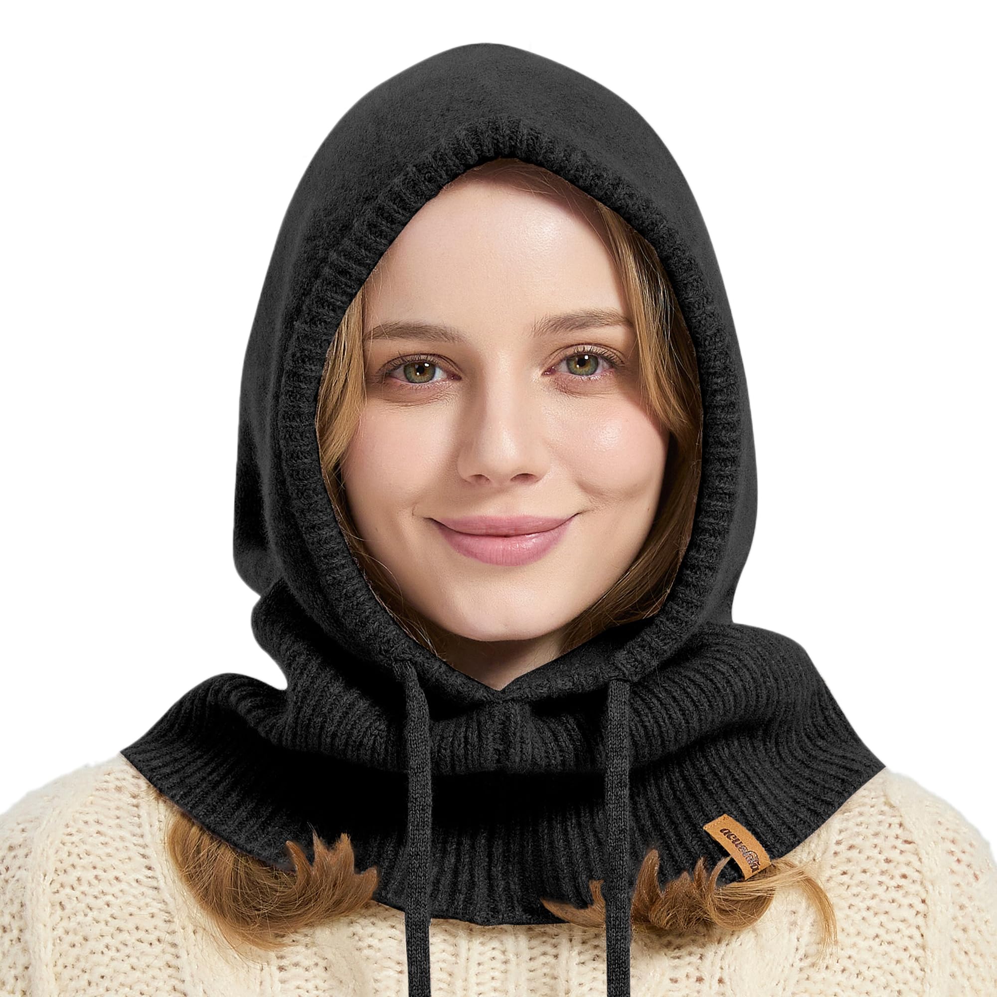 Acushla Women's Black 100% Merino Wool Balaclava For & Men Winter Warm Knit Hooded Scarf Hoodie Hat And Scarf Set In One