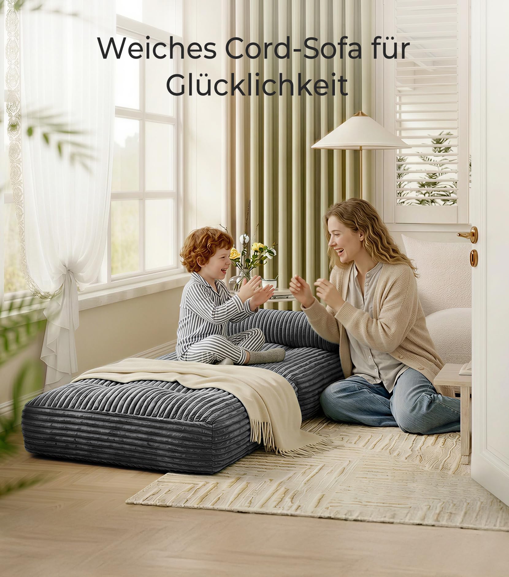 Welzona Faltbarer Schlafsessel mit Bettfunktion, Kordsamt Sofa Bed, Grau | 3-in-1 Wandelbarer Schlafsessel Klappbar, Wolkenweiches Kordsamt, Einfache Montage, Hochelastischer Schaum, Bodensofa
