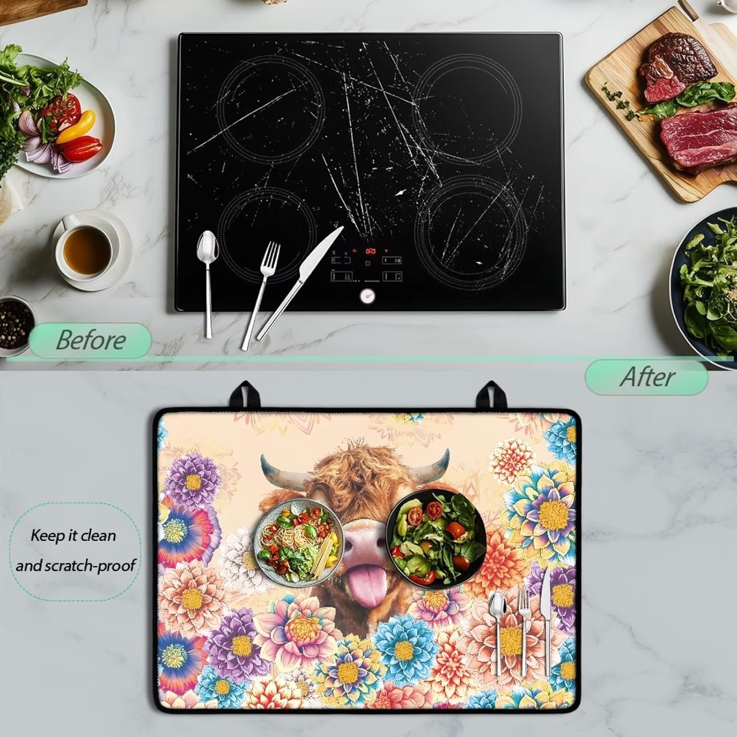 Flower Highland Cow Electric Stove Top Cover Fireproof Glass Top Stove Cover Protector 30 Inch Multipurpose Heat Resistant Mats for Electric Gas Cooktops Farmhouse Kitchen Decor