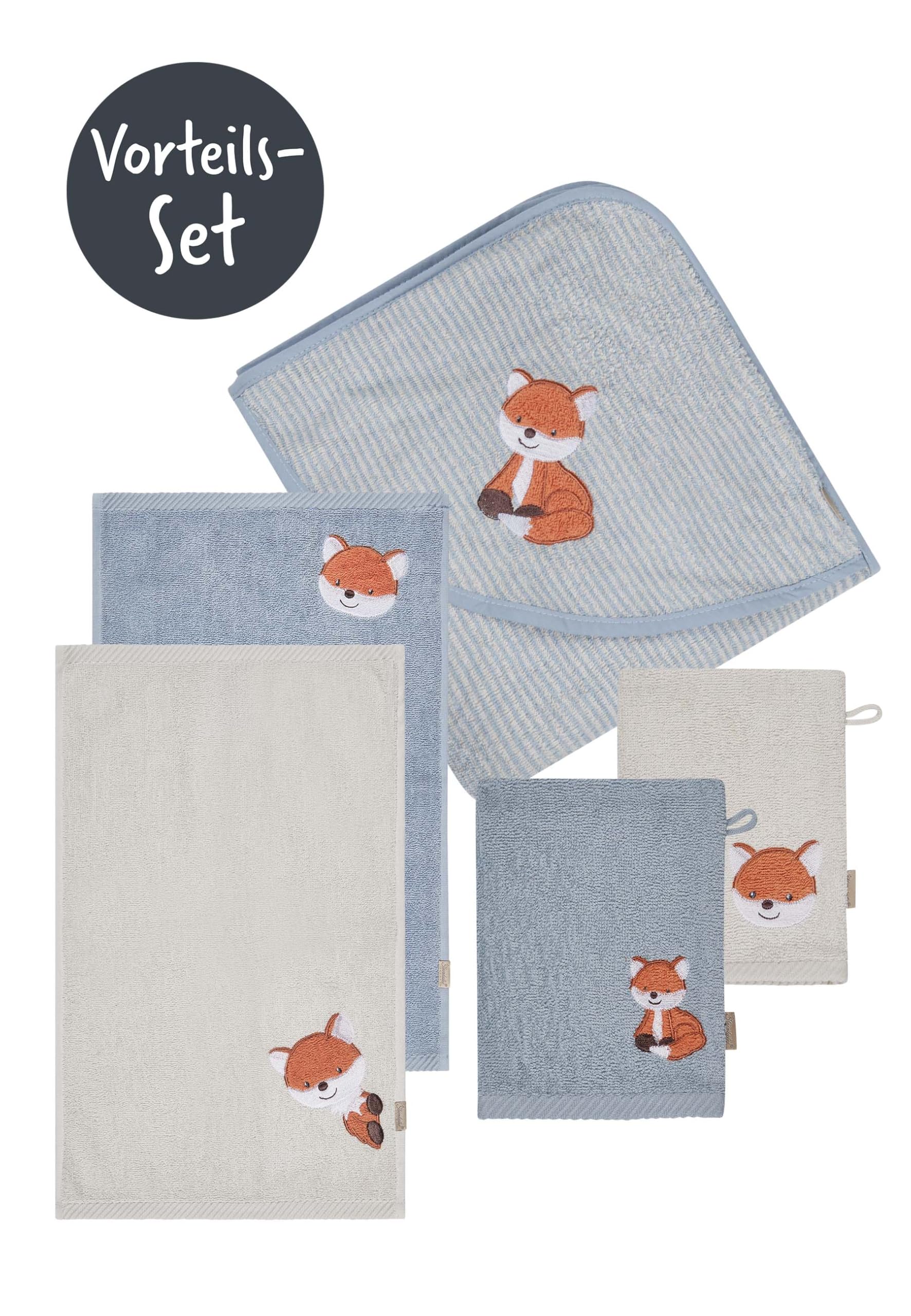 Sterntaler Multipack Frottee Fuchs Filou Set, Kapuzenbadetuch 100x100 cm, 2 Kinderhandtücher und 2 Waschlappen, saugfähige Baumwolle, weich & hautfreundlich, graublau