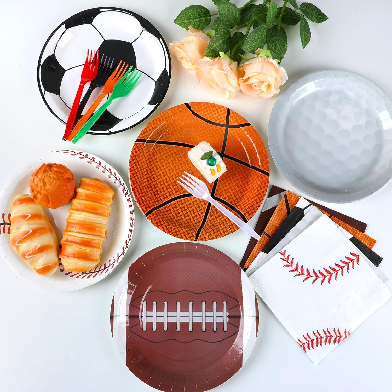 100 Pcs Sports Birthday Party Decorations Sports Themed Plates and Napkins Basketball Football Soccer Baseball Rugby Disposable Dessert Tableware Set for Boy Birthday Party Supplies Favors - Image 3