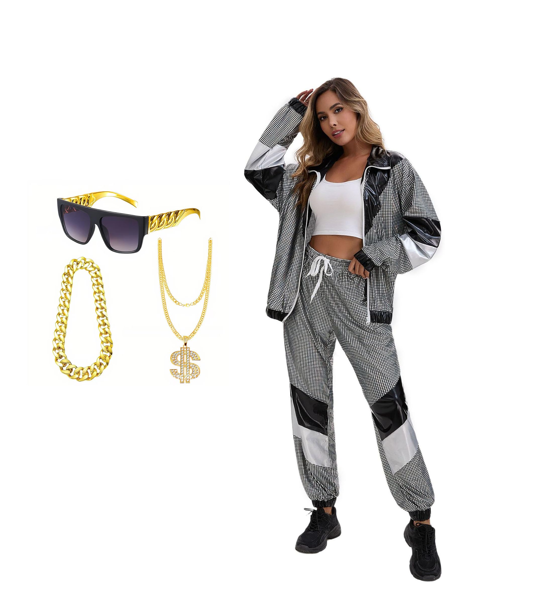 Velcoxplay 80s Costume Women's Tracksuit Disco, 80s 90s Retro Suit Jacket Trousers Suit Style Jogging Suit for Carnival Fancy Dress Costume Black L