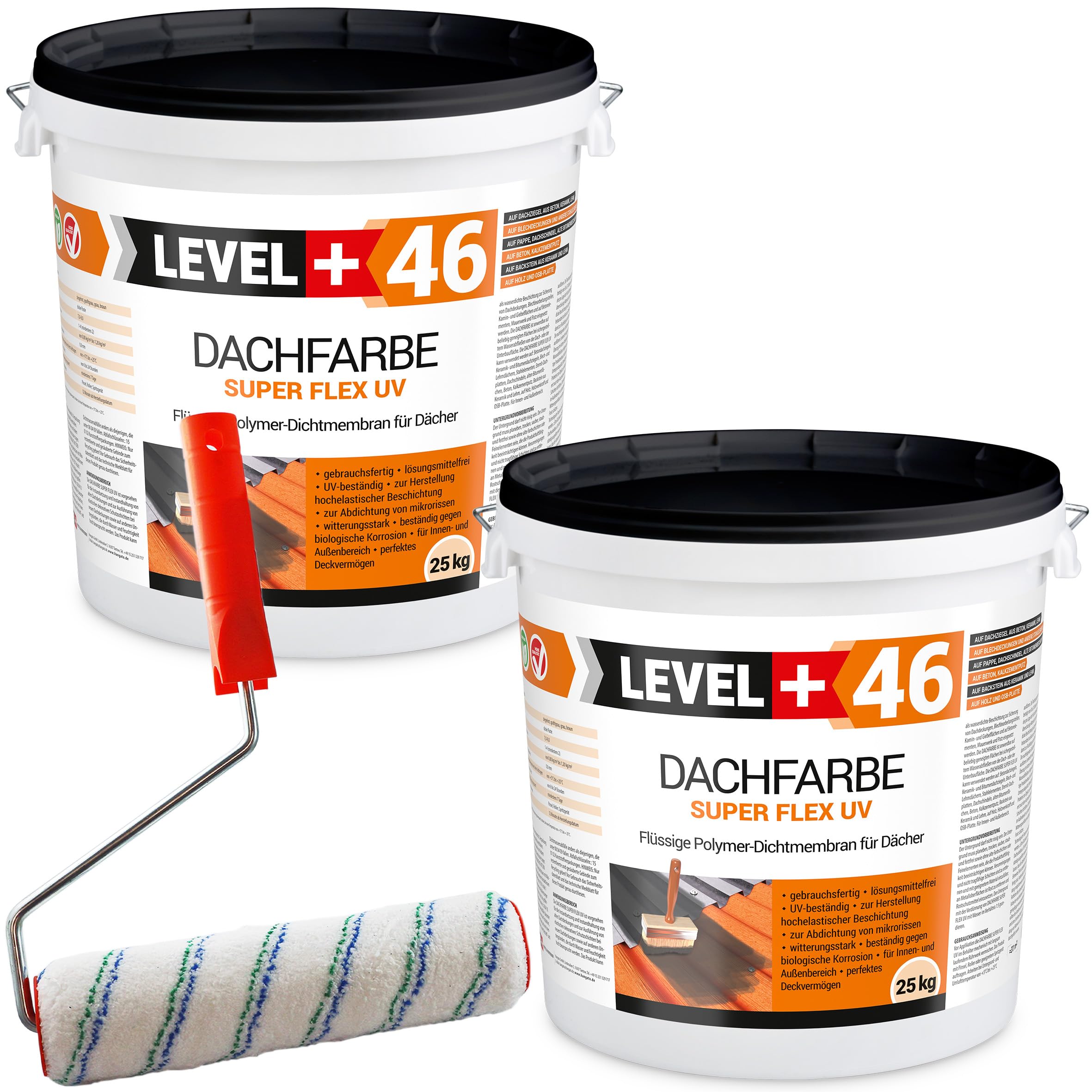 Dachfarbe 50kg Ziegelrot, Sockelfarbe, Dachlack, Dachsanierung | Flexibler Polymermembran Wetterbeständig + Farbroller 25cm Mikrofaser mit Bügel Set RM46