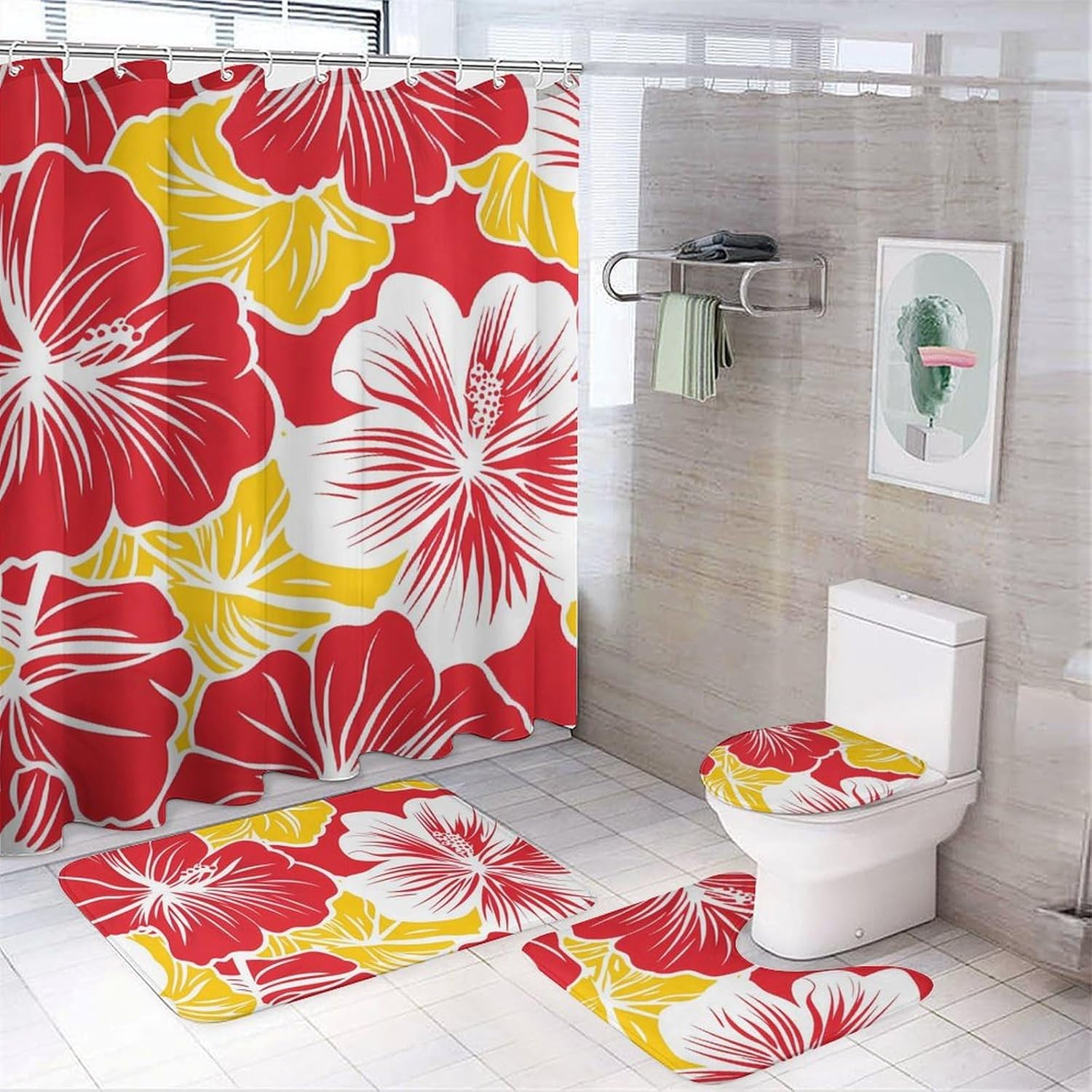 Hawaiian Tropical Flowers Modern Bathroom Sets with Shower Curtain and Rugs Decor 4 Pcs with 12 Hooks