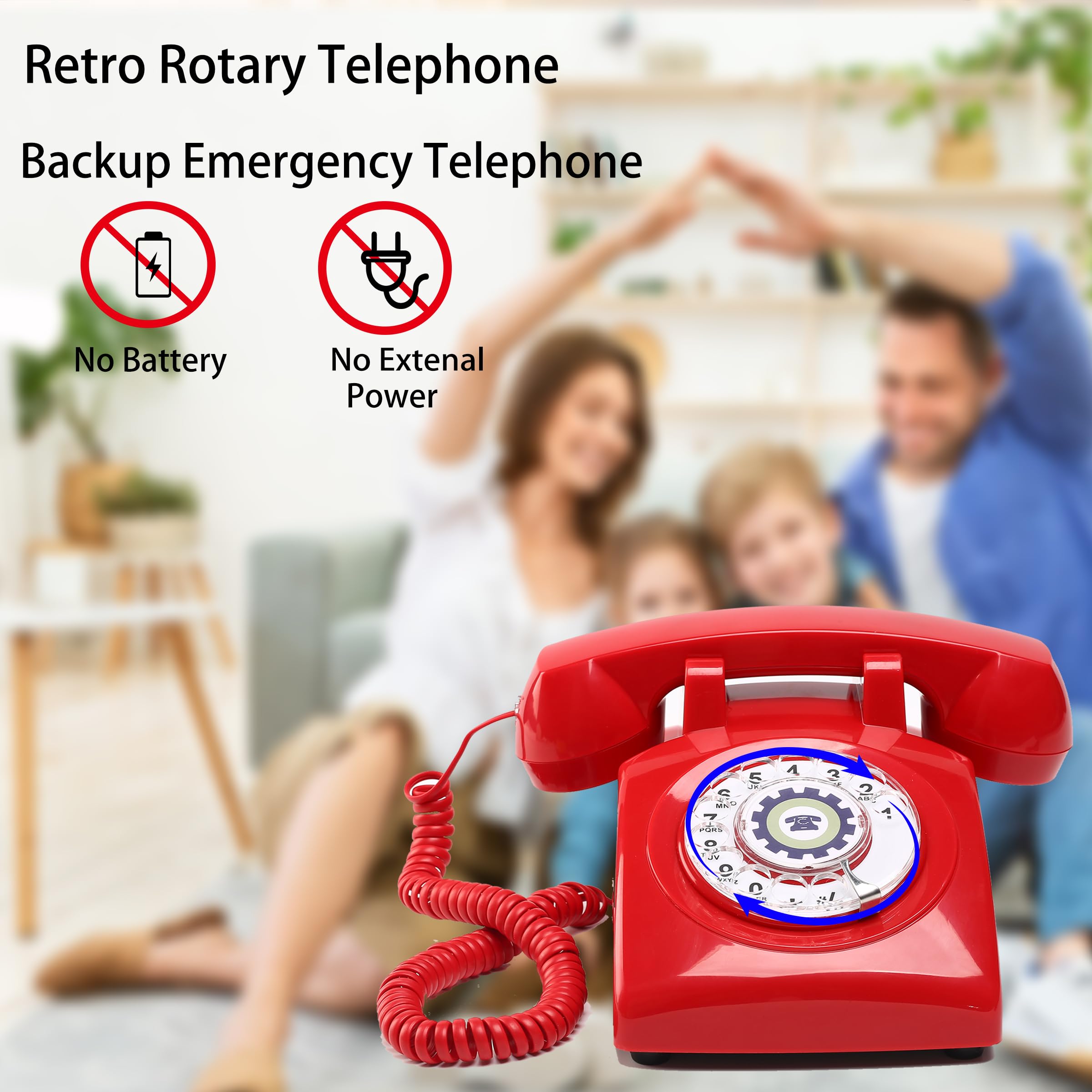 Campana mecánica giratoria retro roja, teléfono antiguo de los años 60 (cable extraíble actualizado), teléfono giratorio antiguo (timbre alto/apagado), teléfono fijo vintage para el hogar, hotel, rojo
