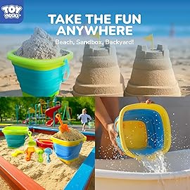 TOY Life Collapsible Beach Toys for Kids with 4 Silicone Collapsible Sand Buckets & 8 Shovels & Mesh Bag, Travel Beach Essentials for Kids Sand Toys Toddlers, Sandbox Toys for Boys Girls Ages 3-5 4-8