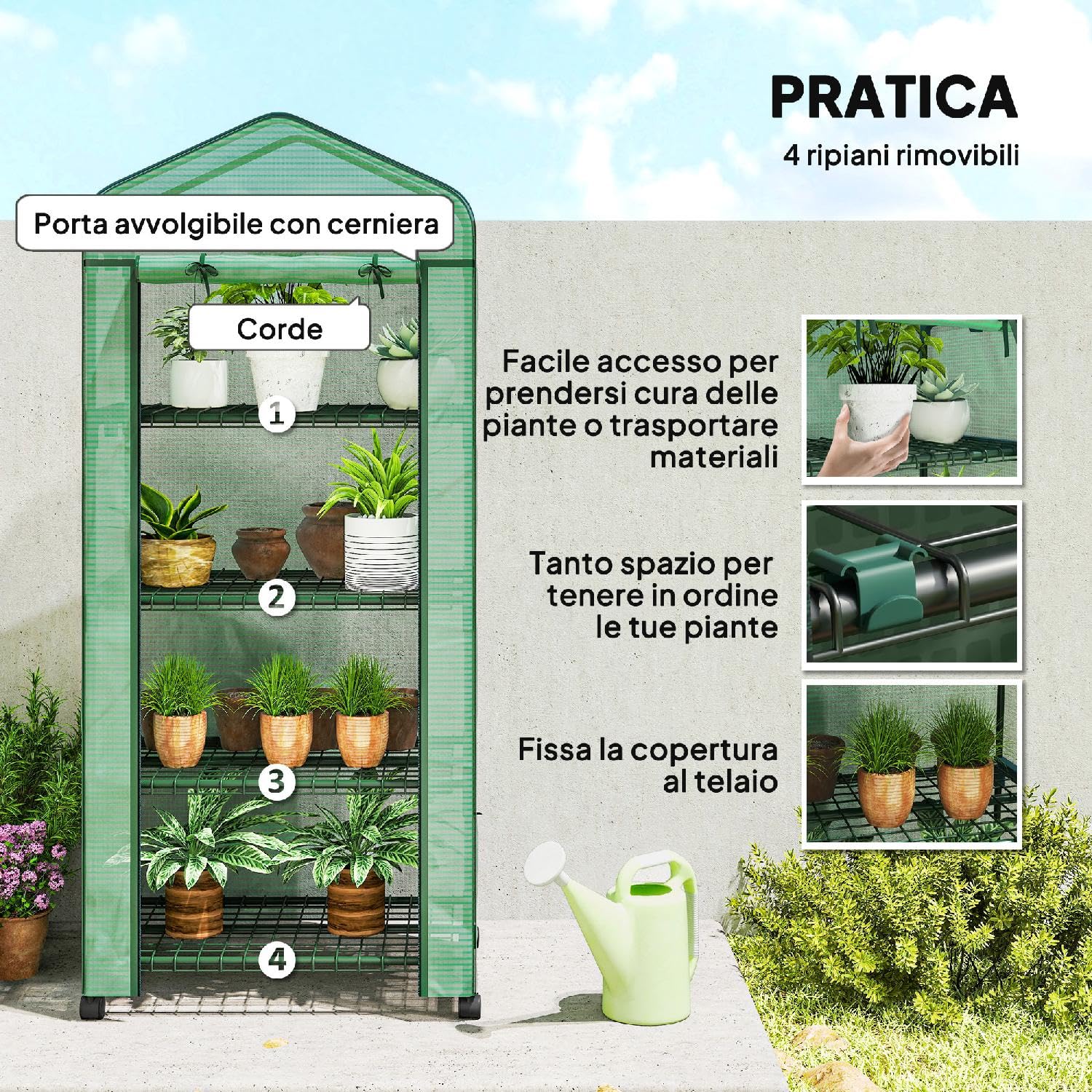 Mini Serra da Giardino a 4 Livelli con 4 Rotelle e Ingresso Avvolgibile in Acciaio e PE 69x50x165 cm colore Verde