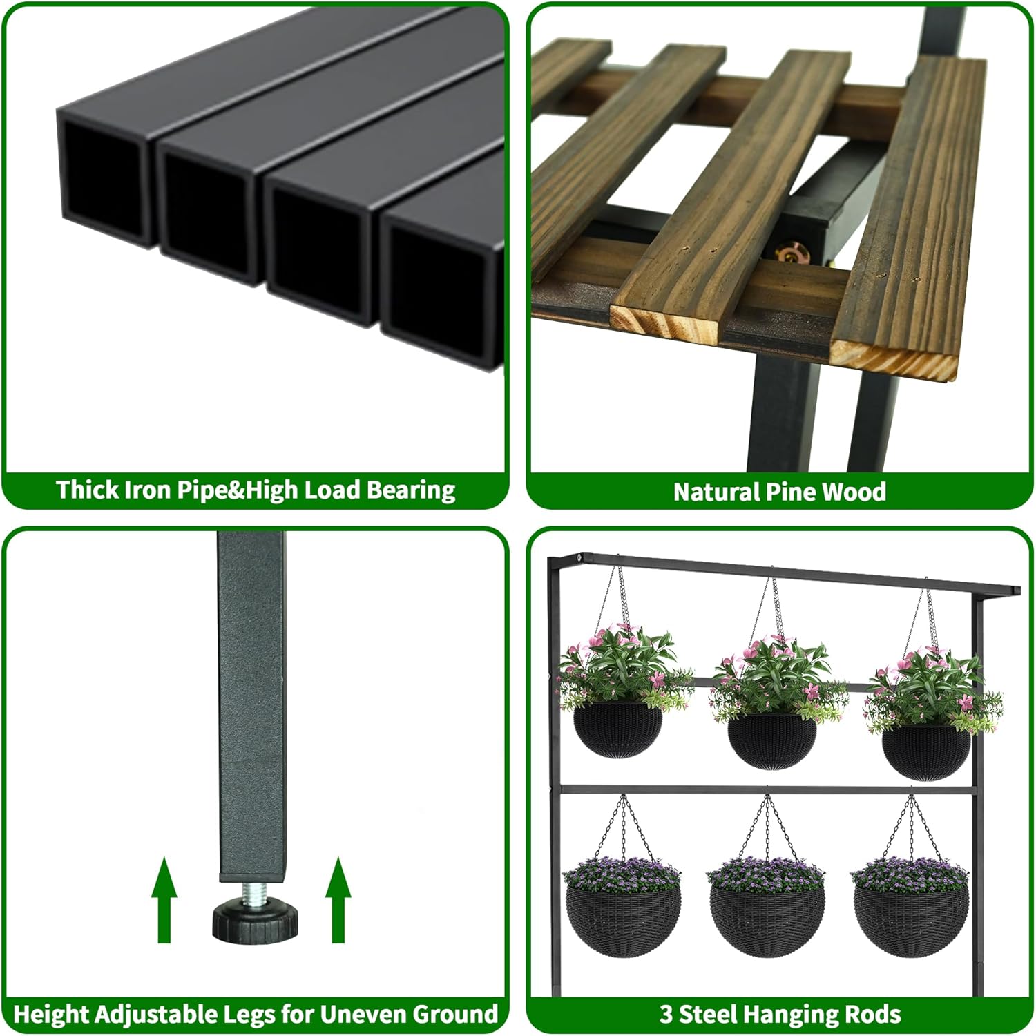 Large Plant Stand Indoor Outdoor, 3 Tier Heavy Duty Hanging Plant Stand with Bar, 60 Inch Tall Metal & Wood Ladder Shape Plant Shelf, Black Plant Display Rack Plant Shelves for Garden Patio Balcony