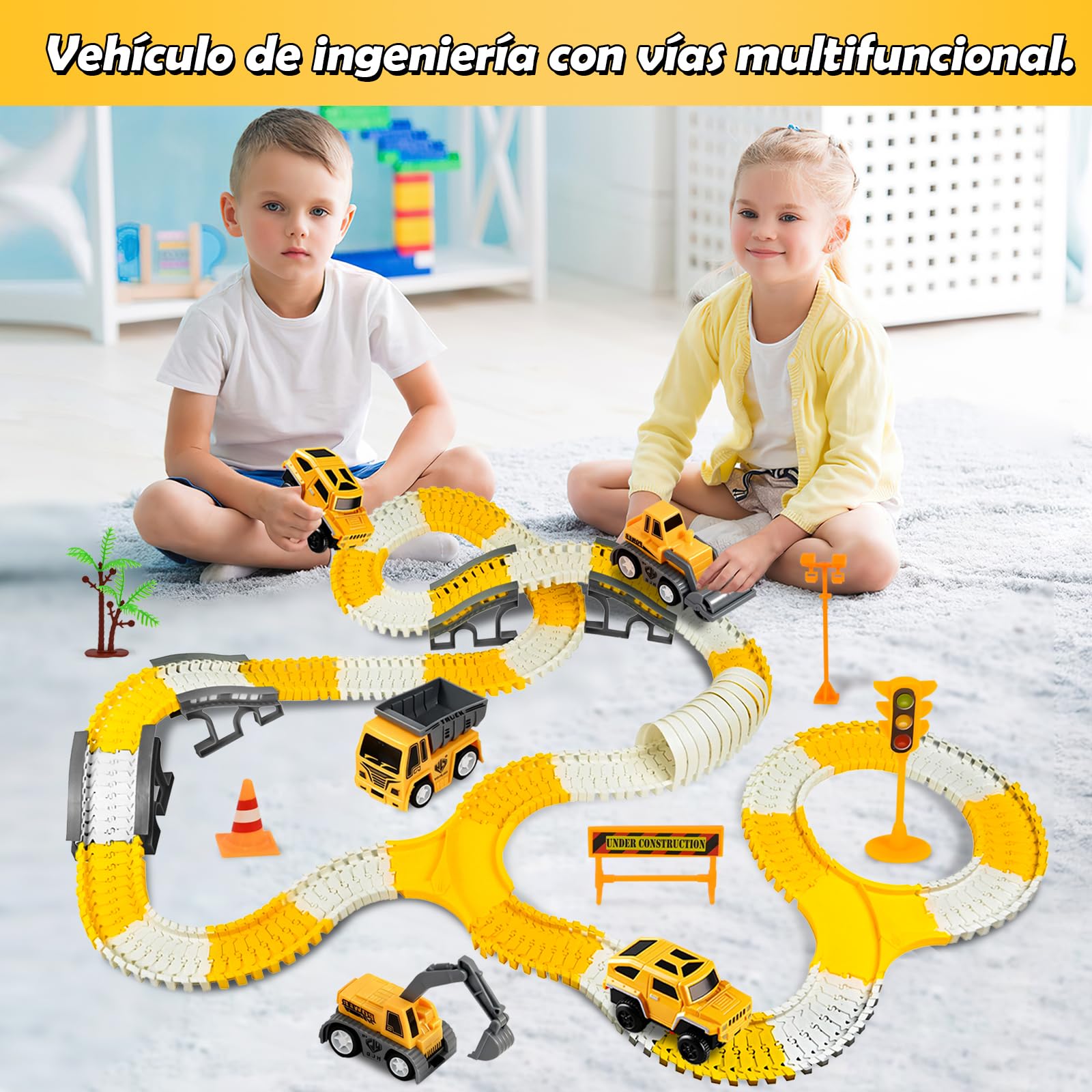 PATEMZON Juego de Pistas de Carreras para Niños, Pista de Coches de Carreras con 6 Coches, Flexible Juego De Carrera con Tren Eléctrico, Construcción Juguetes, Regalos para Niños De 3+ Años
