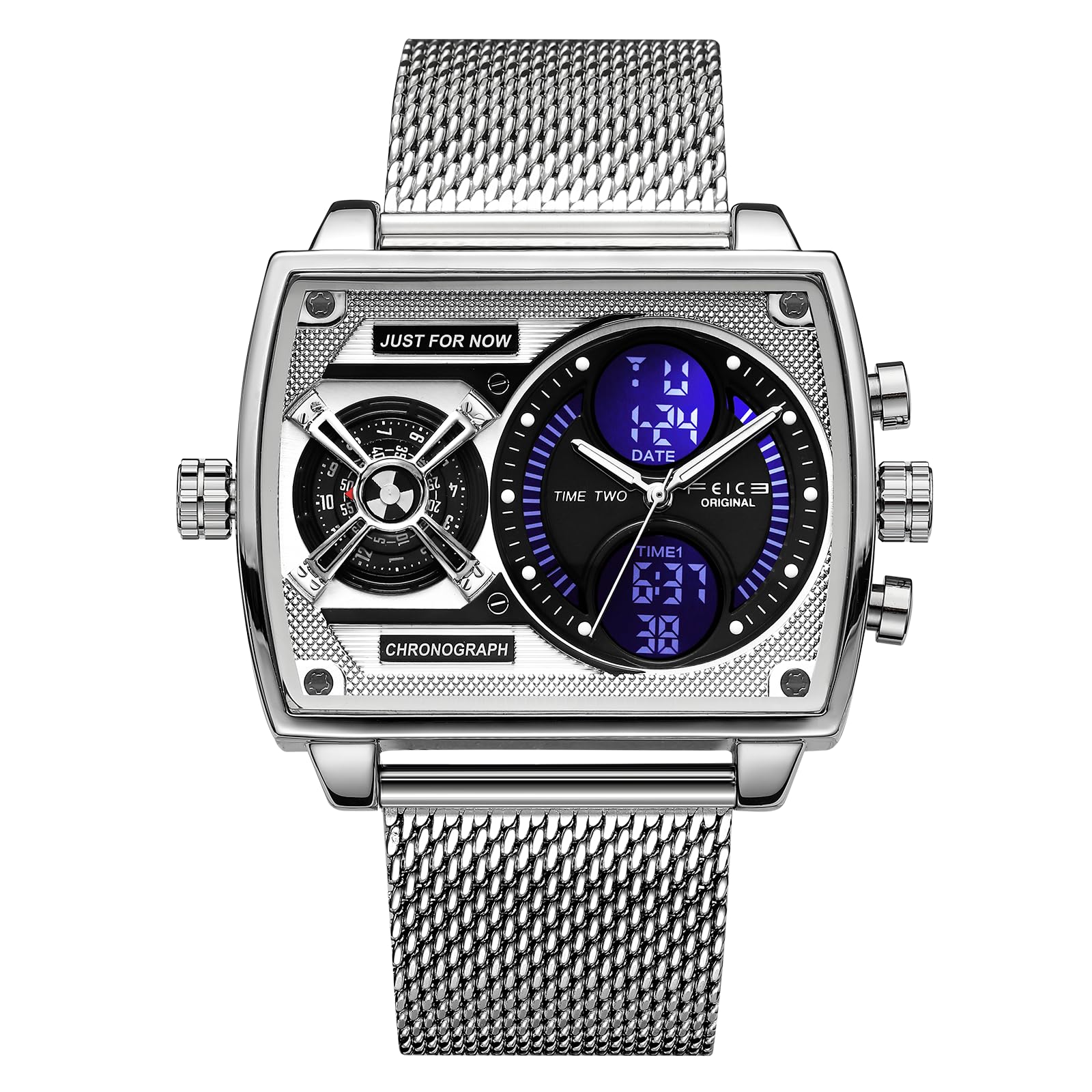 FEICE FK814 Men's Multifunctional Square Watch Large Dial Analogue Digital Quartz Fashion Stainless Steel 47 mm