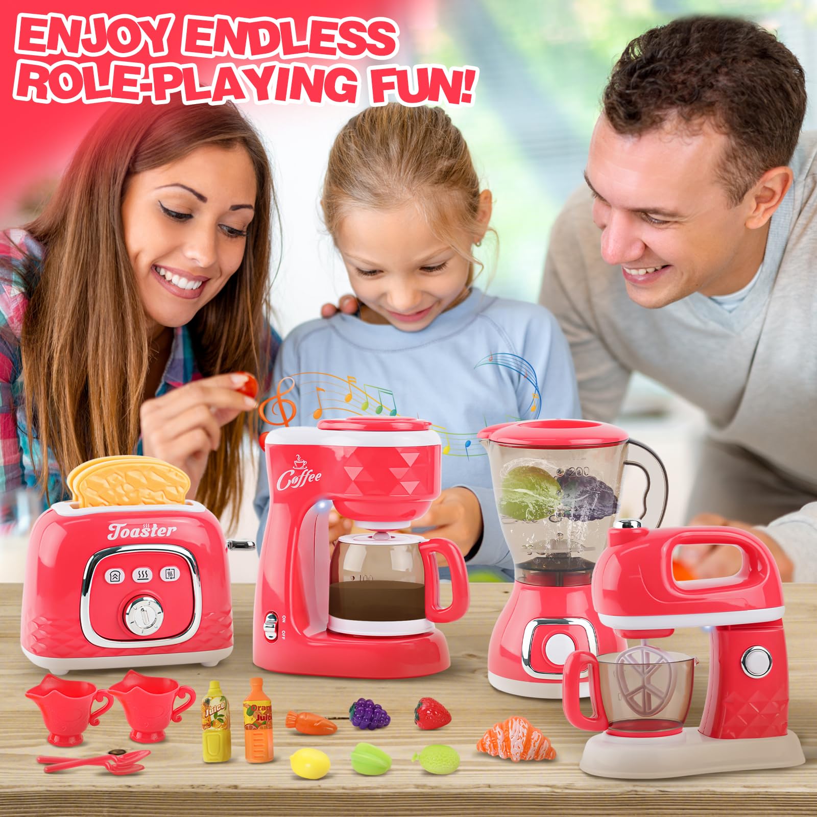 Ensemble d'appareils de cuisine pour enfants avec machine à café, mixeur, grille-pain, batteur, accessoires de cuisine pour enfants, jouets de cuisine de jeu avec aliments, avec lumière et son, jeux