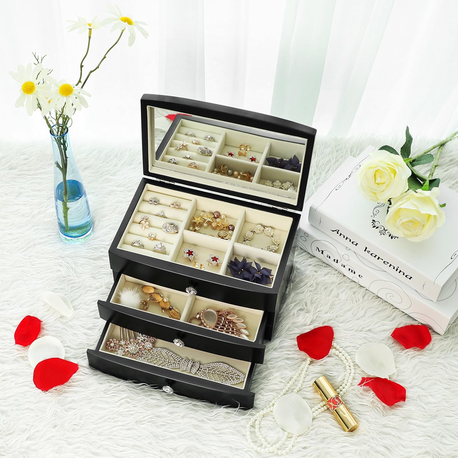 SONGMICS Jewelry Box, 3-Tier Wooden Jewelry Case, Jewelry Organizer with Large Mirror, for Rings, Necklaces, Earrings, Bracelets, Black UJOW03B : Clothing, Shoes & Jewelry