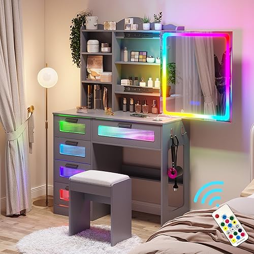 Miniatura 15 de HNEBC - Mesa de tocador RGB con espejo y luces, mesa de maquillaje con espejo LED y estación de carga USB/inalámbrica, juegos de mesa de tocador con