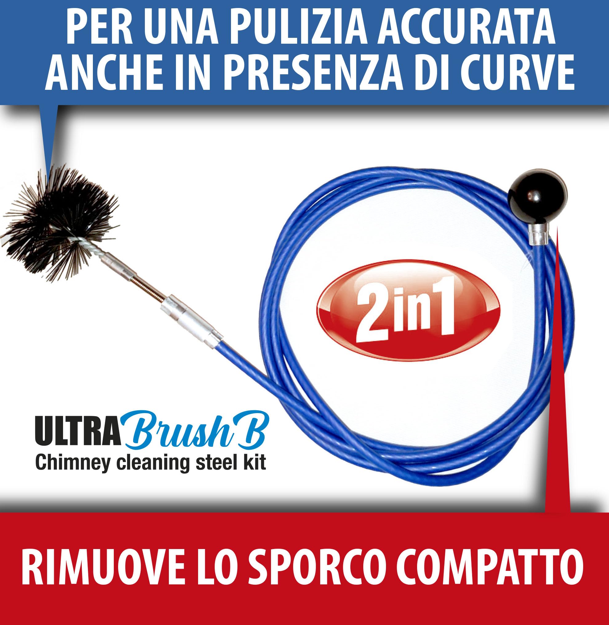 ULTRABRUSH B | Kit limpieza chimenea estufa de pellet. 2 escobillas deshollinador flexible. Compatible con todo tipo de chimeneas. Alambre de acero revestido ultra robusto y deslizante. (6 metros)