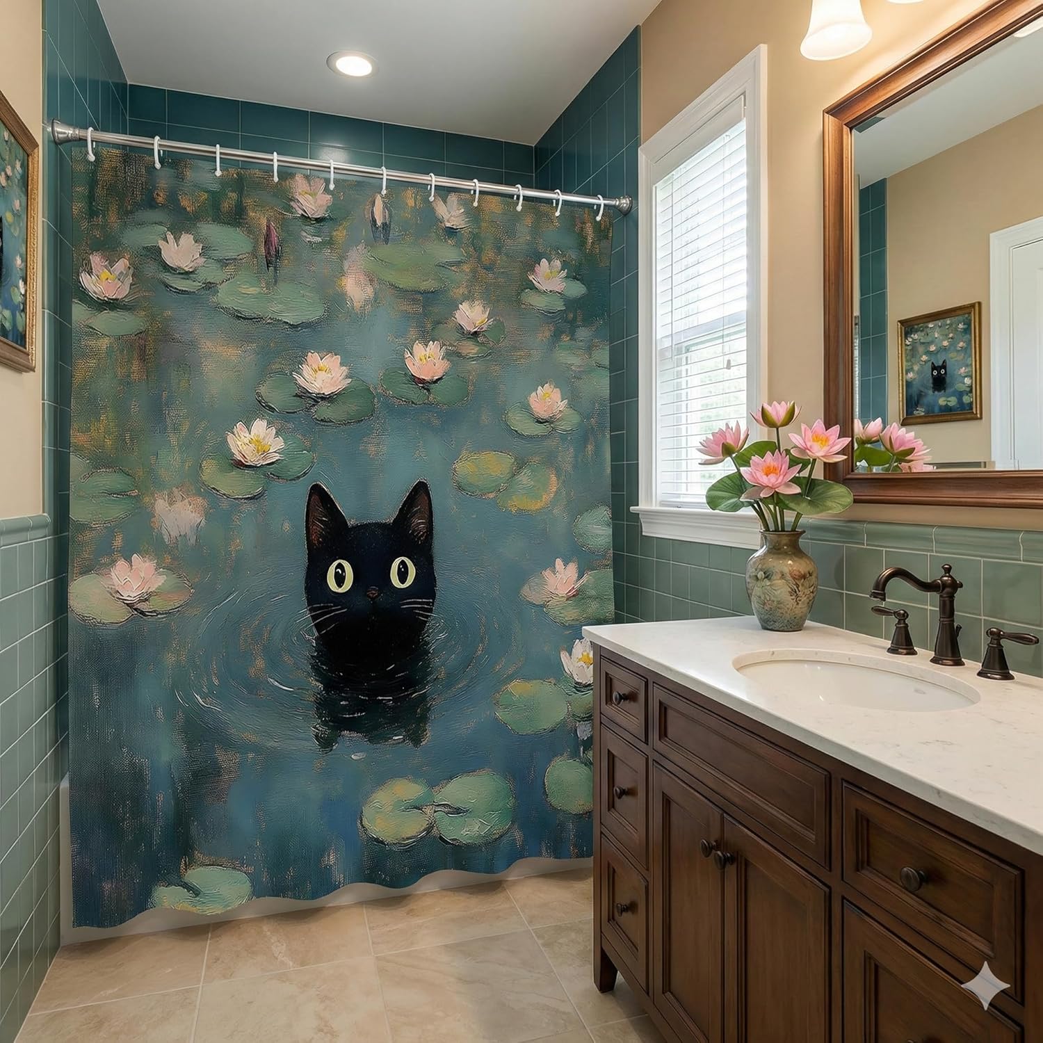 Funny Cat Shower Curtain Abstract Oil Painting Art Cute Black Kitten in Water Lilies Green Leaves Pink Lotus Floral Lovely Animal Bathroom Polyester Curtains Set with Hooks 70x84 Inch