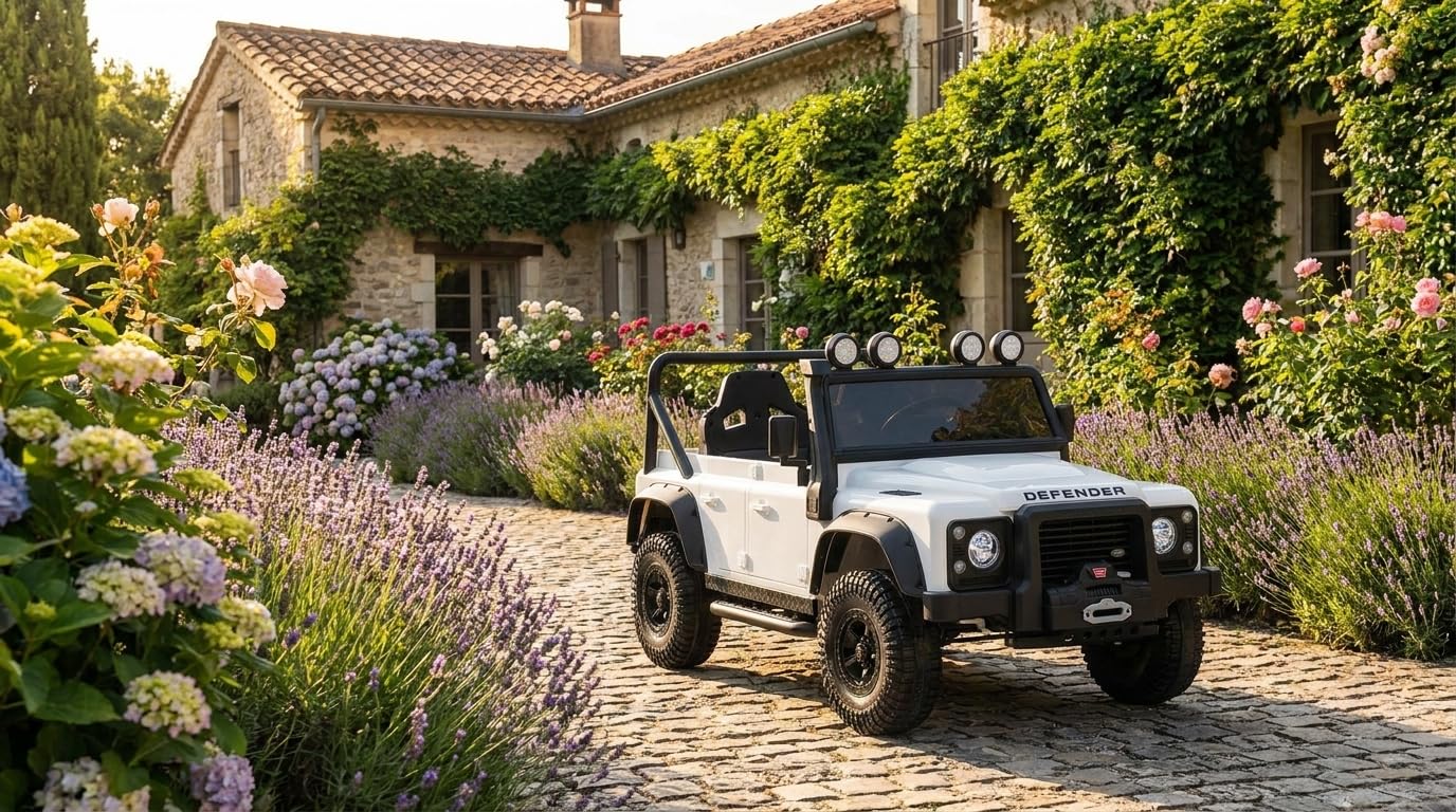 4x4 électrique enfants 12V Land Rover Defender 110 SVX, Blanche, transmission, batterie lithium, voiture électrique enfants télécommande 2,4 GHz, USB/Aux/Bluetooth, phares LED, 3-7 ans, 4x 25 W moteur