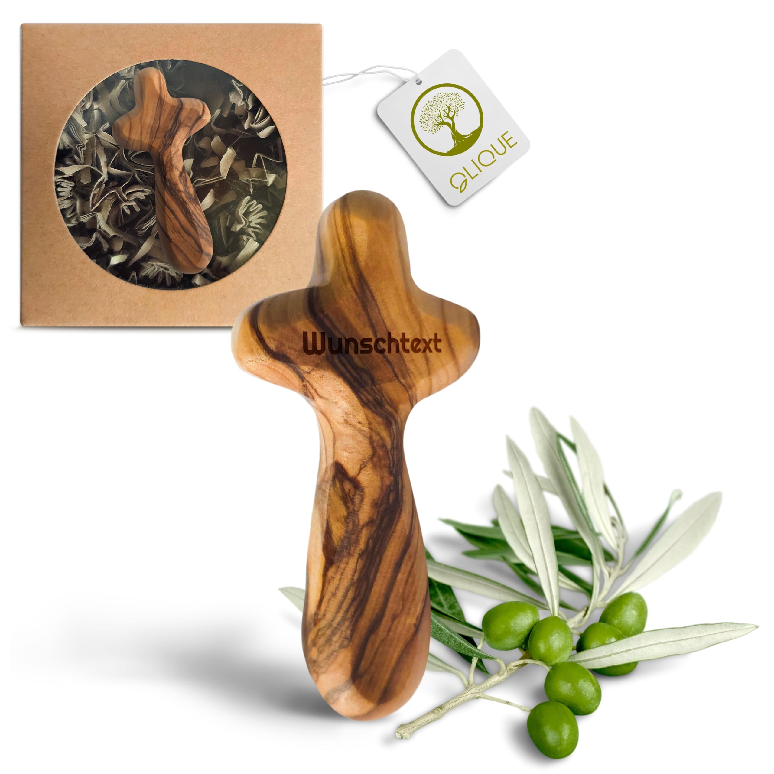 Croix en bois d'olivier - Bijou fait main en cadeau pour la naissance, le baptême, la communion et la confirmation (Avec gravure)