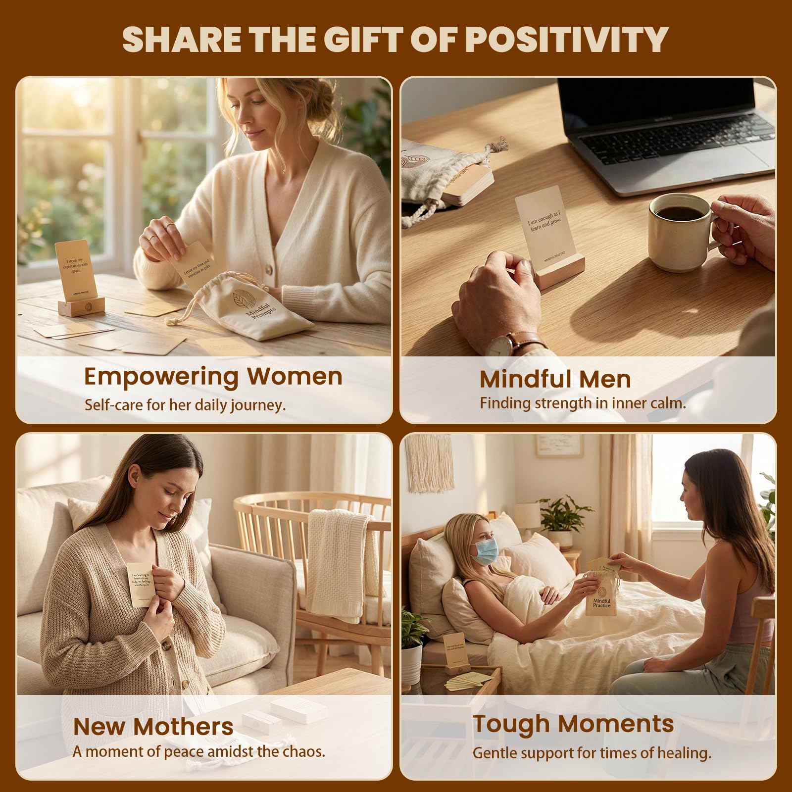 Affirmation Cards, 100 Mindful Prompts with Wooden Display Stand - Daily Affirmations for Inspiration, Mindfulness & Self Care - Unique Affirmation Gifts for Women or Men