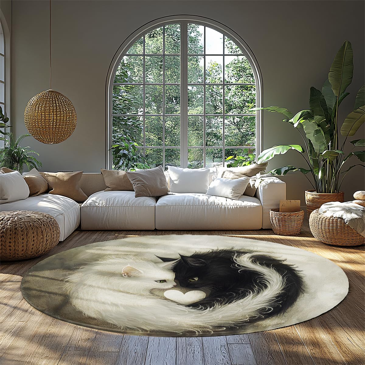 Tapis Rond Lavable de Style Noir et Blanc 120cm Motif de Chat Mignon Tapis de Cercle de Sol intérieur antidérapant à Poils Ras pour Chambre à Coucher Salle de conférence