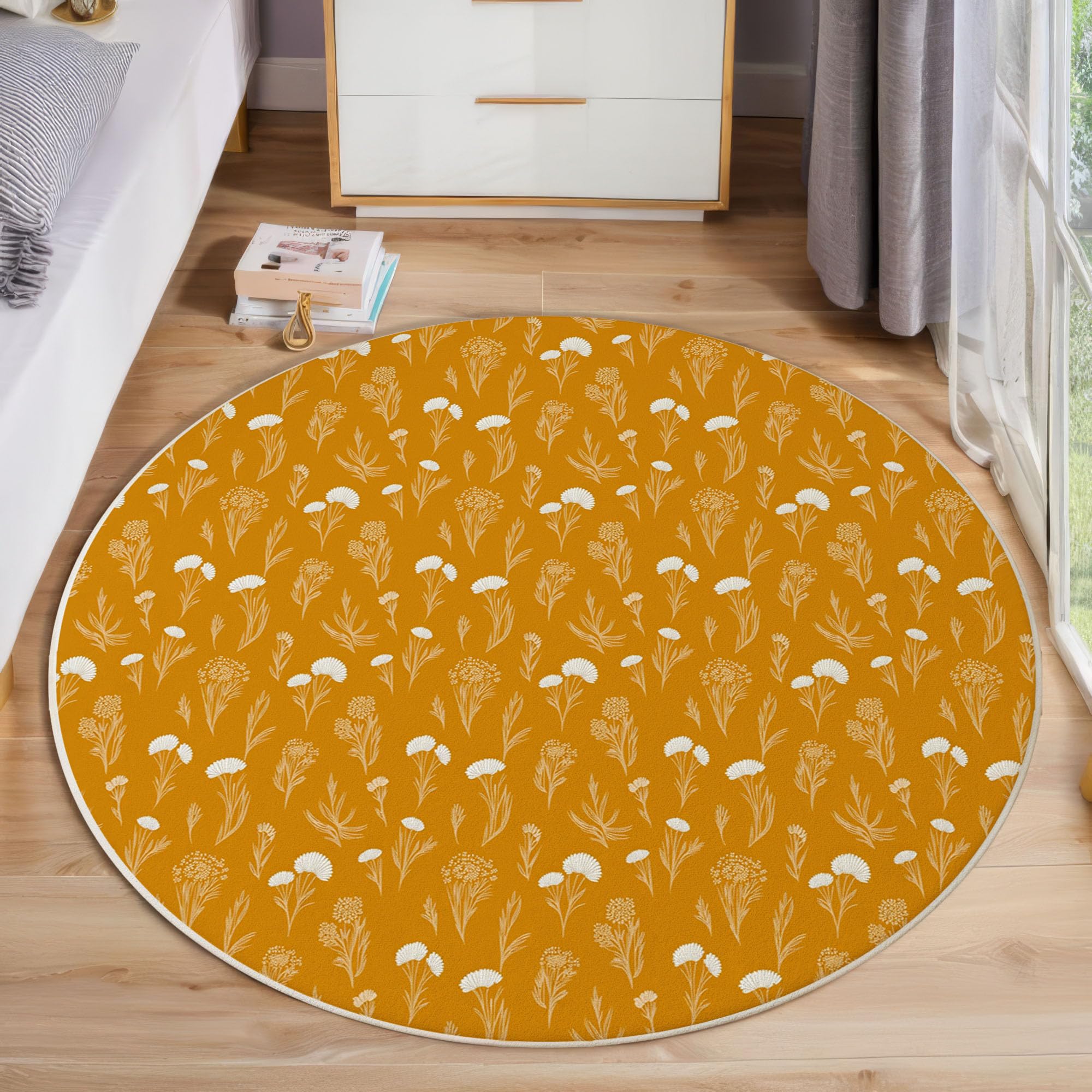 Teppich Rund 120cm Ländlicher, Natürlicher Stil rutschfest Teppiche Wildblumen Waschbar Wohnzimmerteppich Kurzflor Weich Runder Teppich Senfgelb for Schlafzimmer Studie Heimbüro