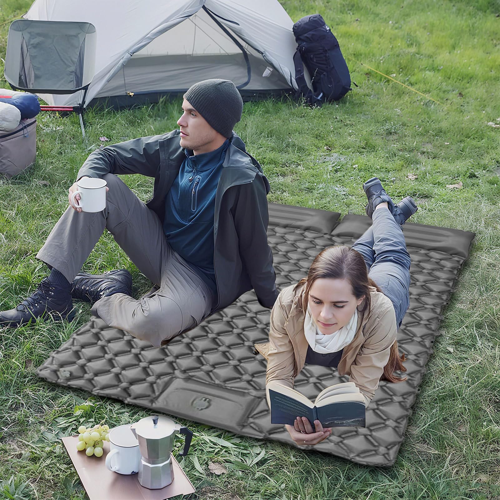 Materac Powietrzny Camping Wodoodporny Napinany Materac Turystyczny Dla 2 | Składane Oprzyrządowanie Namiotowe na Wędrówki Podróże Piknik Wędkarstwo