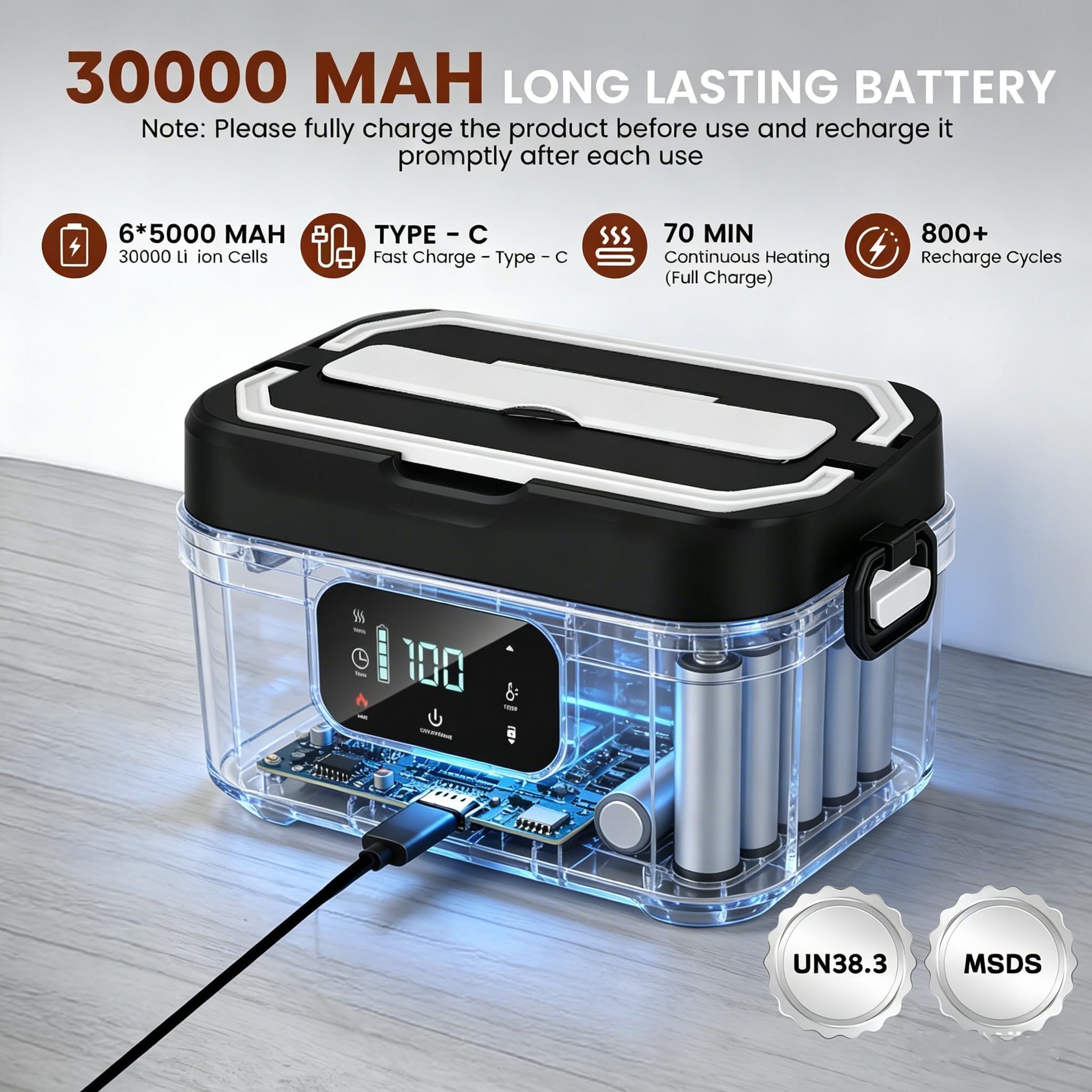 Ciotola riscaldata a batteria 30000 mAh, 100 W, contenitore riscaldante ricaricabile 1,3 l, in acciaio inossidabile, con contenitore riscaldante per pasto con timer, sacchetto isotermico posate