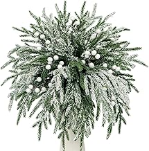 20 Pcs Artificial Snowy Norfolk Pine Branches with 10 Berry Stems,15" Real Touch Fake Norfolk Pine Stems Frosted Greenery Foliage Sprigs for Christmas Wreath DIY Vase Filler Home Decoration (White)