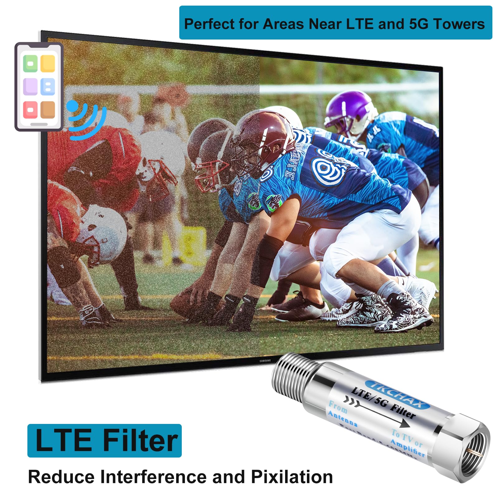 Filtre LTE pour antennes TV, réduit la pixelisation et les interférences de signal des réseaux 4G, 5G et LTE, construction en laiton avec placage nickel, bande passante 5-608 MHz, utilisation