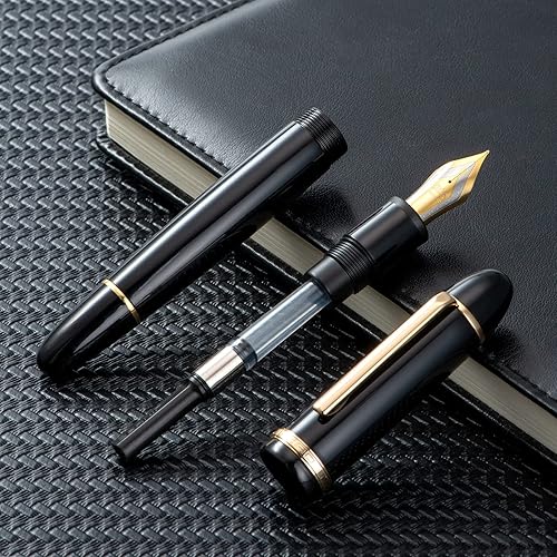 Miniatura 6 de Jinhao X159 - Pluma estilográfica de acrílico negro, tamaño 8, punta fina, borde dorado, diseño clásico, pluma de escritura suave con convertidor