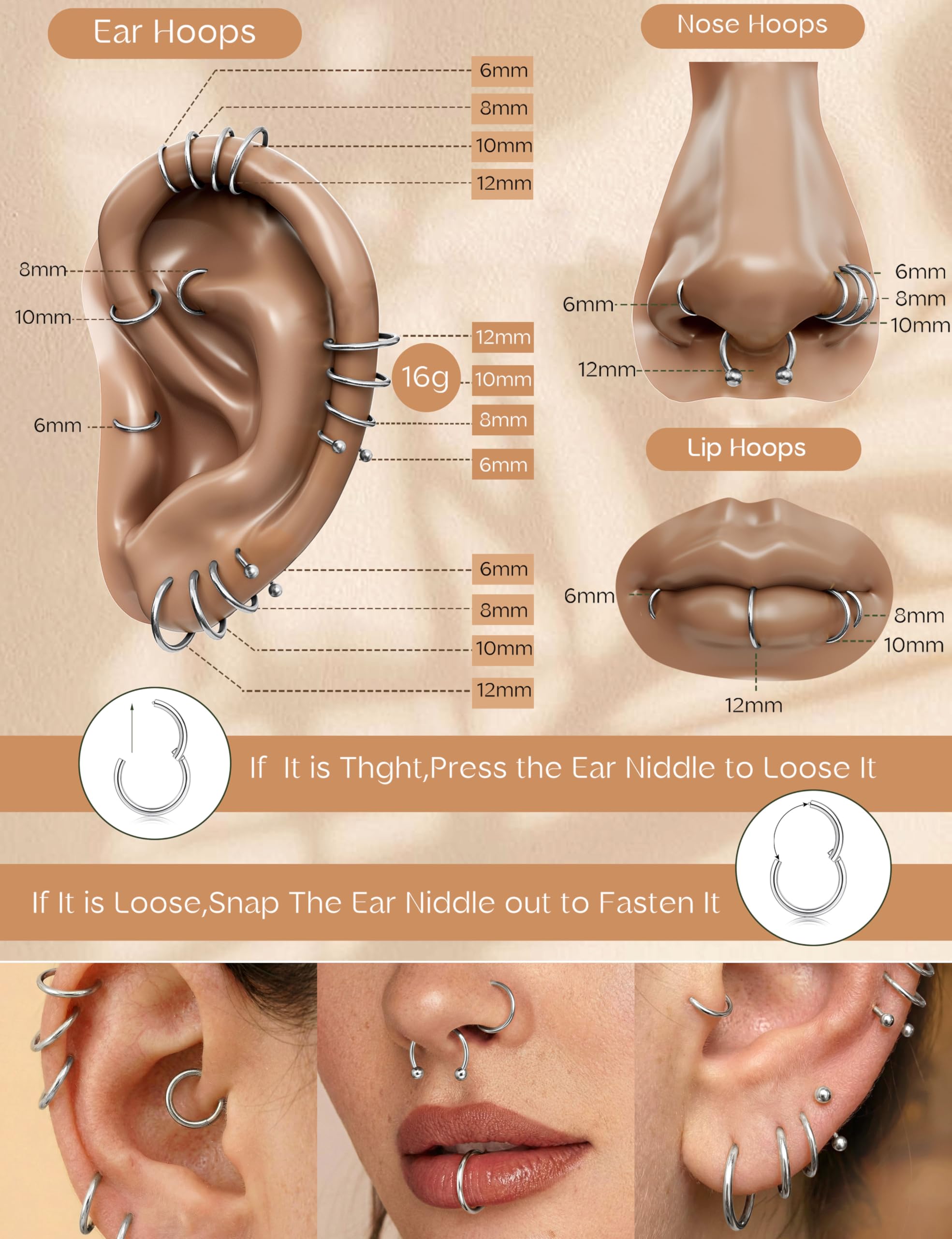 JeweBella 16 Piezas Aro Piercing Nariz Acero Quirúrgico Cartílago Segmento Clicker Anillos 6-12 mm