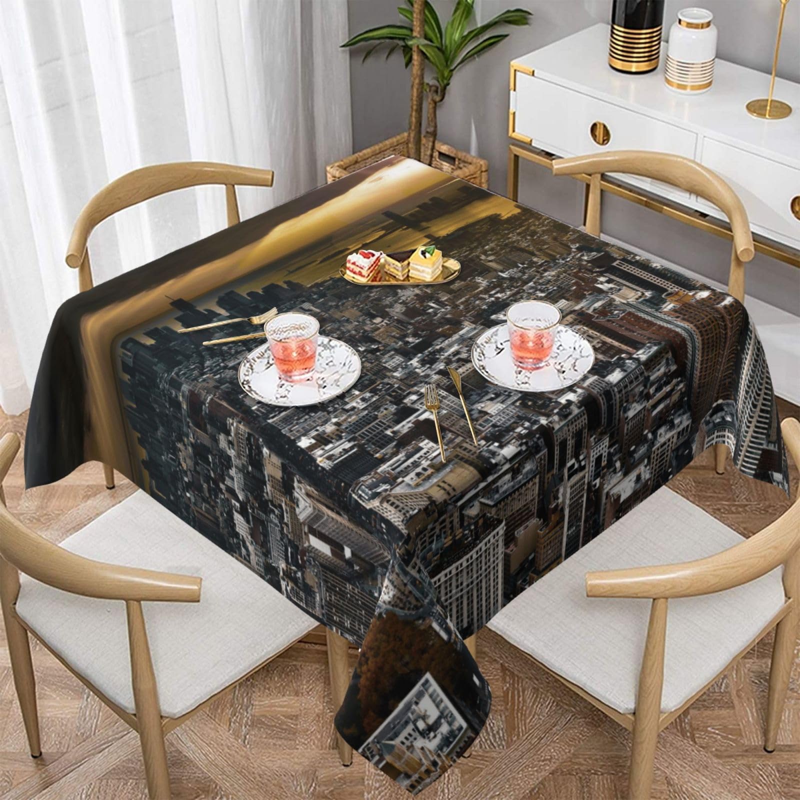 DCEHGEW York City Sunset Picture Prints Square Tablecloth 152x152 CM, Waterproof Fabric Table Cloth for Dining Table, Farmhouse Table Cover for Kitchen Dining Tabletop Decoration