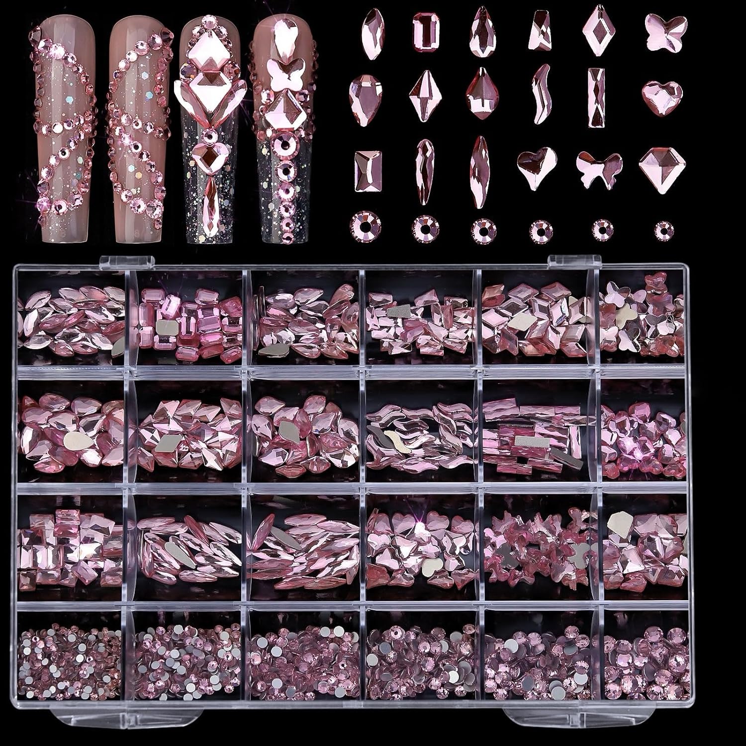 Silver Nail Rhinestones, 5380Pcs Flatback Glass Nail Charms Gems Stones, 19 Shapes of Nail Art Rhinestones Kit with Tweezers, 6 Sizes for Decoration Makeup DIY