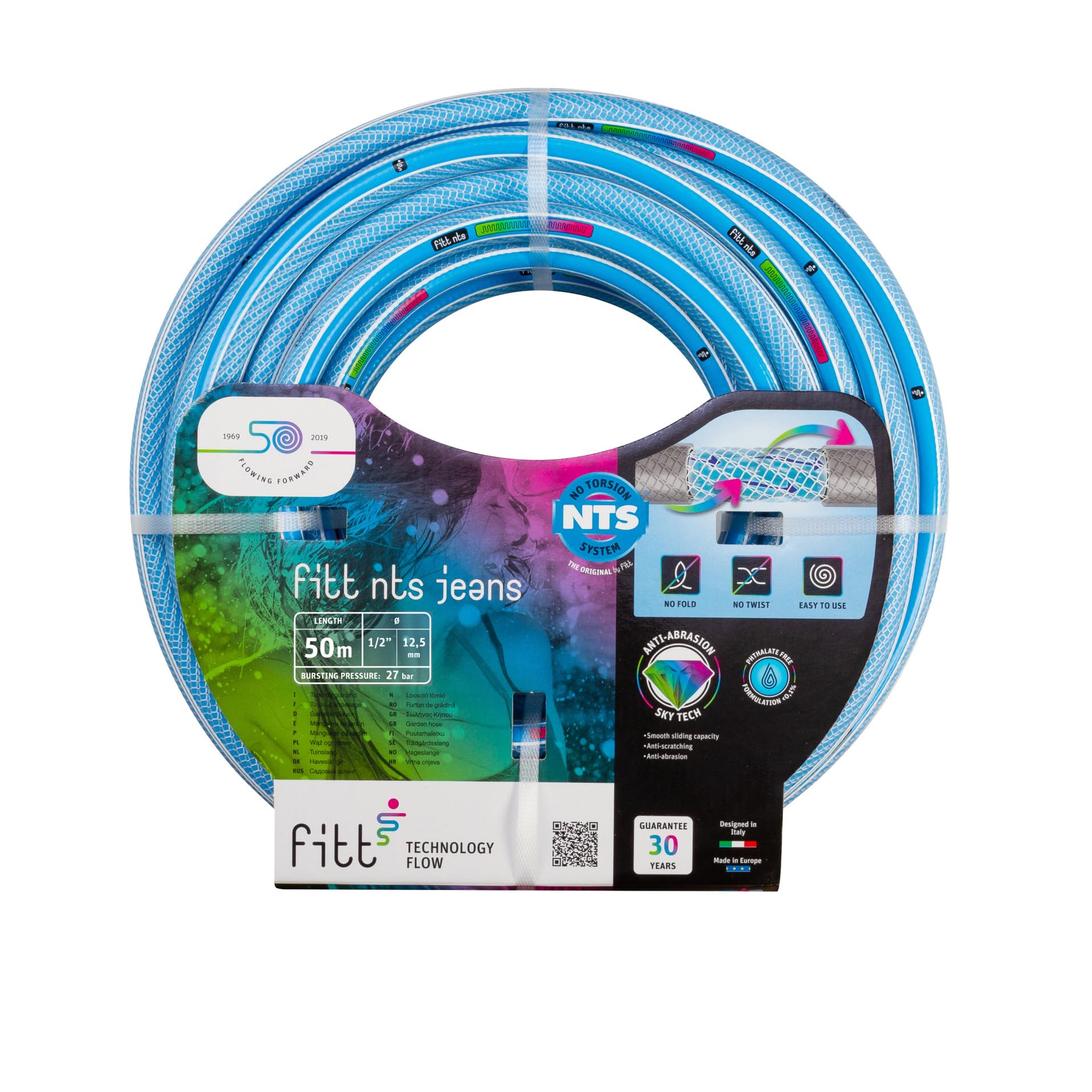 FITT NTS Jeans 1/2" (12,5mm) 50 m - Strong and malleable Light Blue Garden Watering Hose for Intensive Use, Featuring Exclusive Technologies