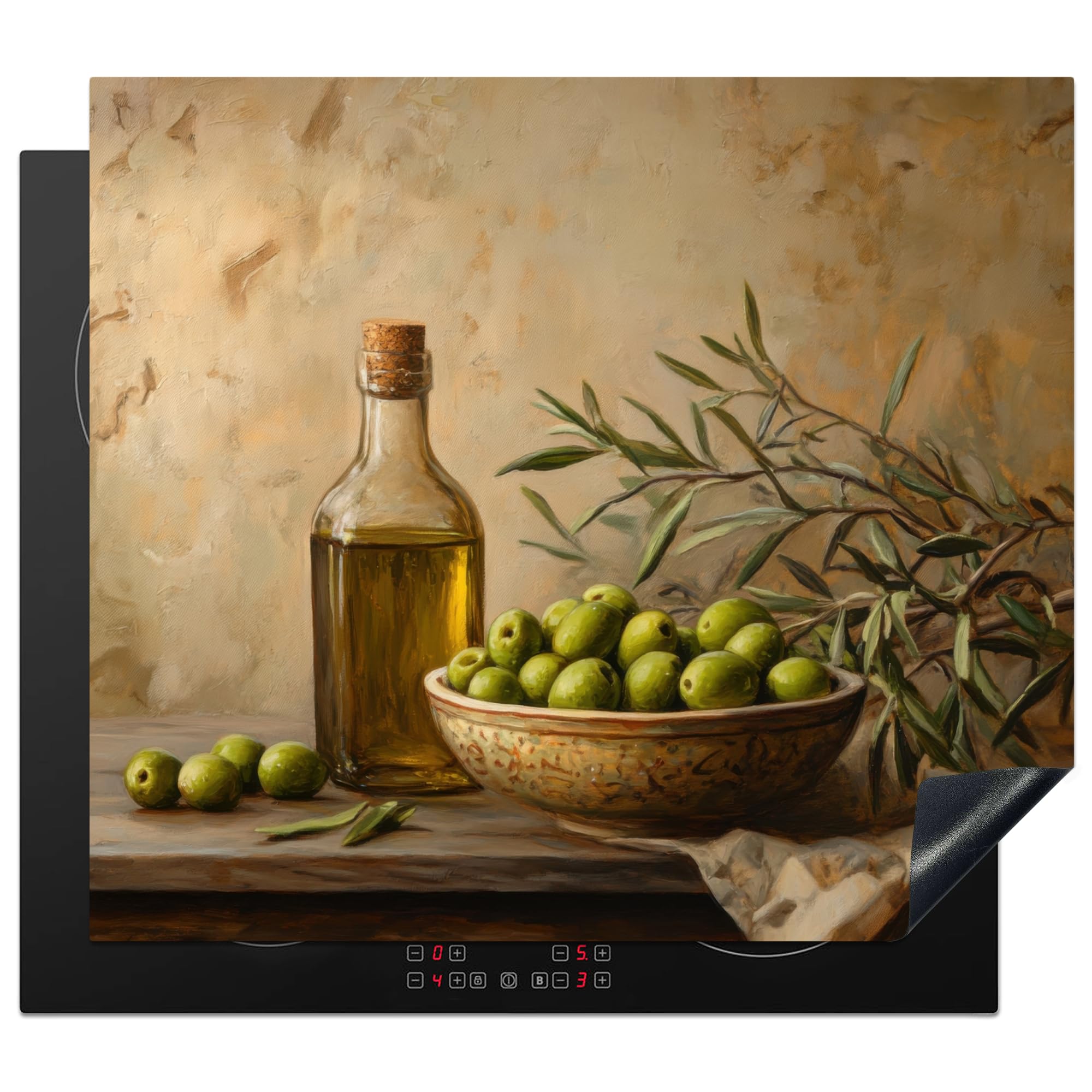 KitchenYeah© Induction Hob Cover Protector Mat 20.3"x22.7" / 57.6x51.6 cm Kitchen Universal Ceramic Covers for Electric Cookers Vinyl Olives - Still Life - Vintage