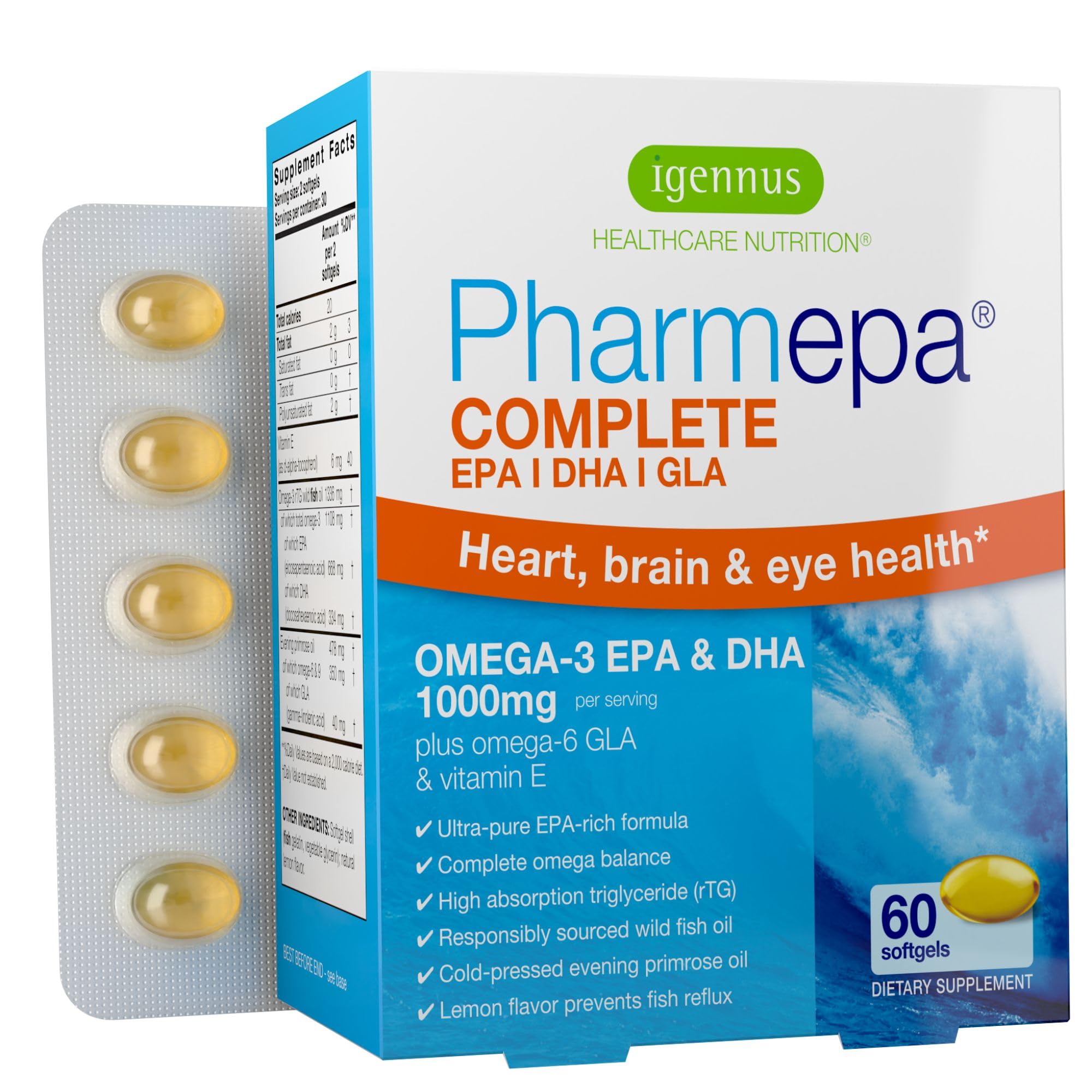 IgennusHealthcare Nutrition Pharmepa COMPLETE, Omega-3 Fish Oil Softgels, 60 Count, Lemon Flavour, EPA & DHA 1000mg with Evening Primrose Oil, Halal & Kosher, Heart & Brain Health Support