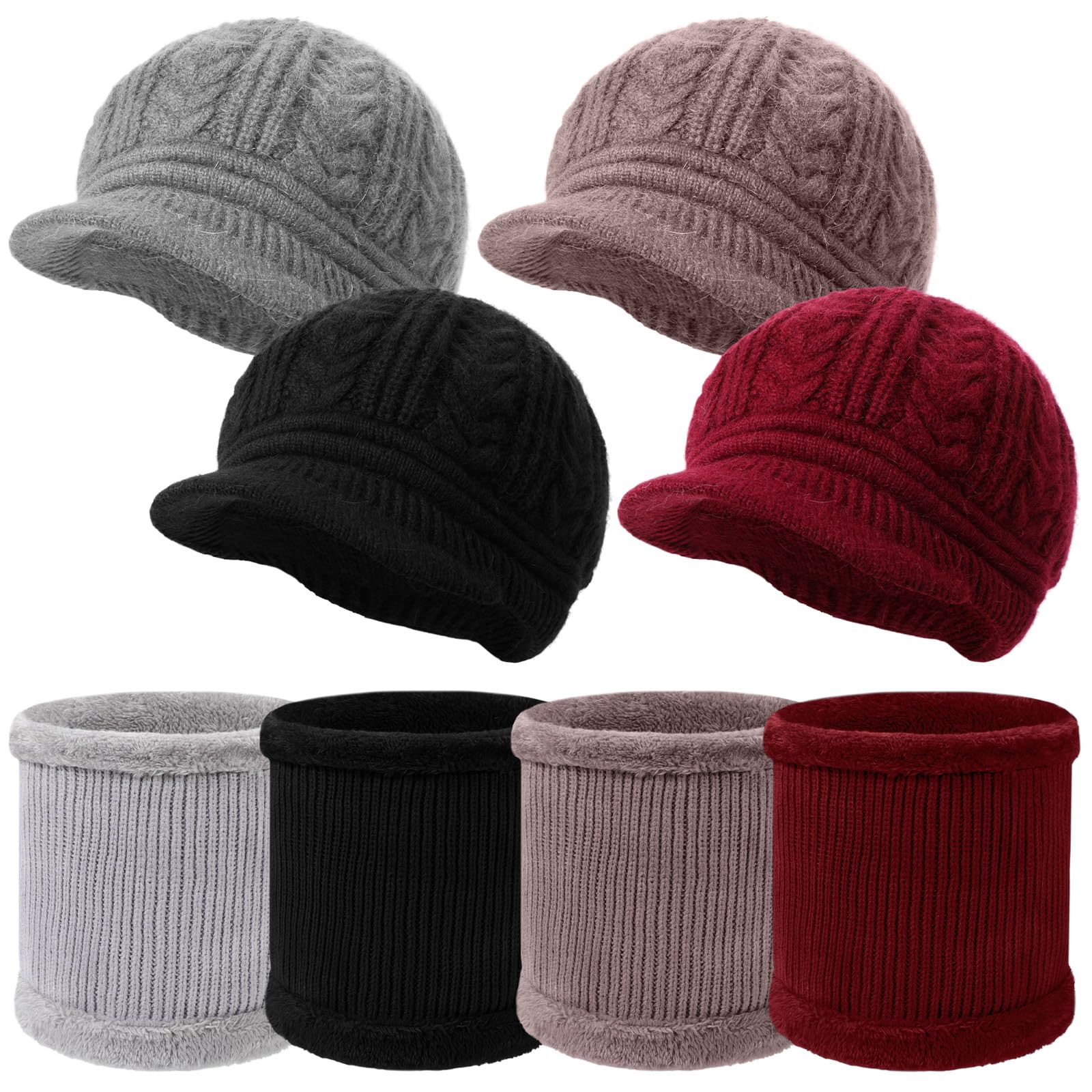 Hicarer 4 Set Damen Mütze Schal Set Winter Warme Mütze Strickmütze mit Hals Kreis Schal Ski Schnee Hüte Warmfutter Slouchy Weich Halswärmer Solide Unisex für kaltes Wetter Outdoor Sport Skifahren