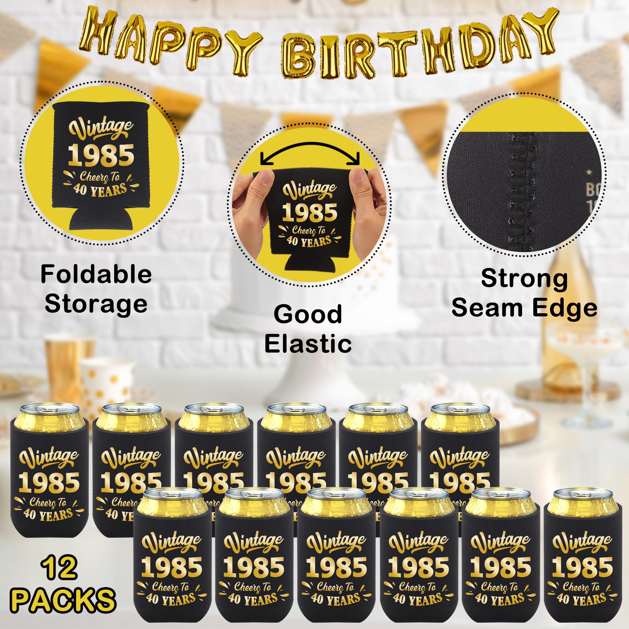 40th Birthday Can Cooler Sleeves - Black & Gold Neoprene, 12-Pack With 1984 Fun Facts