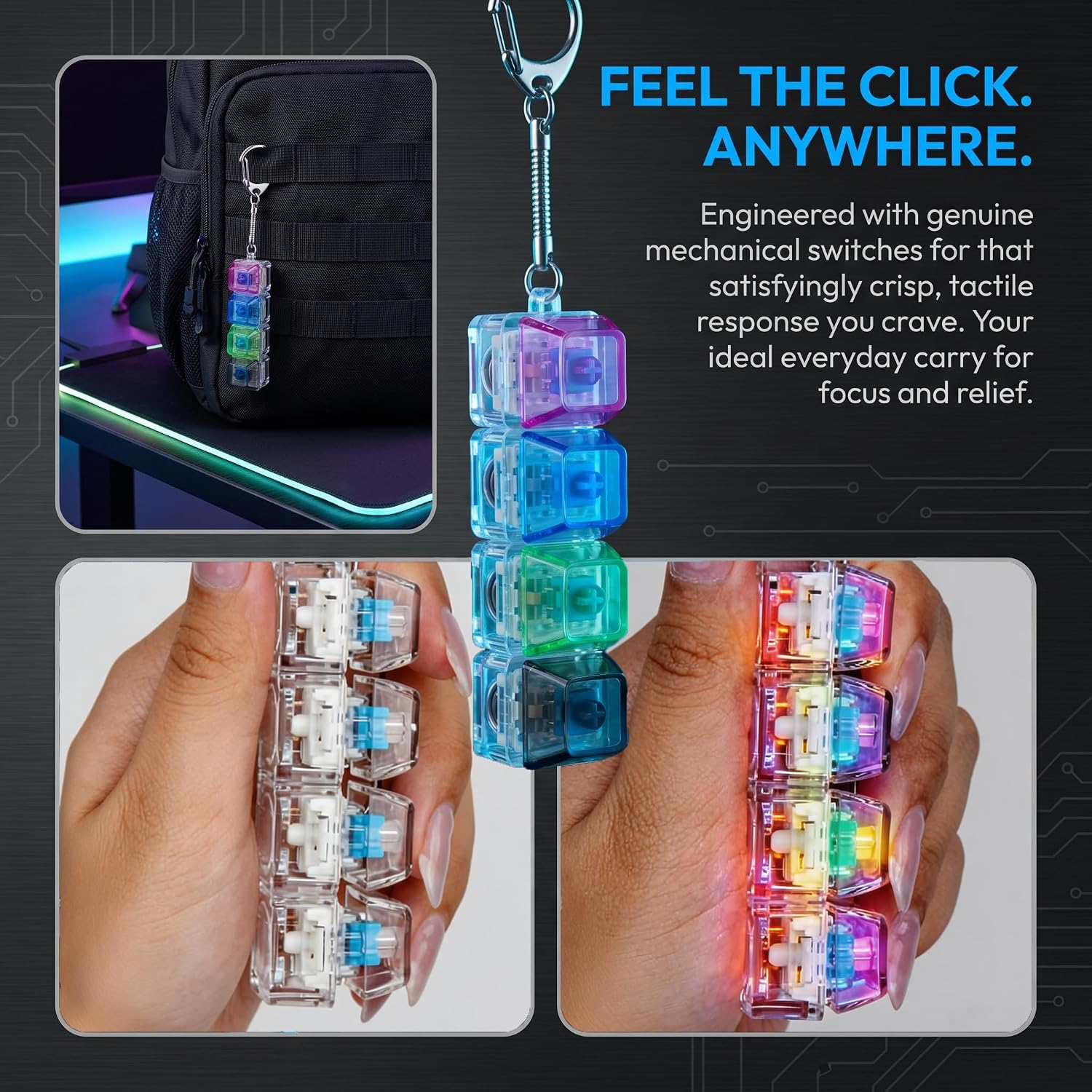 4Pcs LED Keyboard Fidget Toy,4-in-1 Keyboard Clicker Fidget for Stress Relief Calm Anxiety Finger Clicker Toys with Lights,Keyboard Keychain Decompression Button Sensory Toy for Kids Adults Gifts