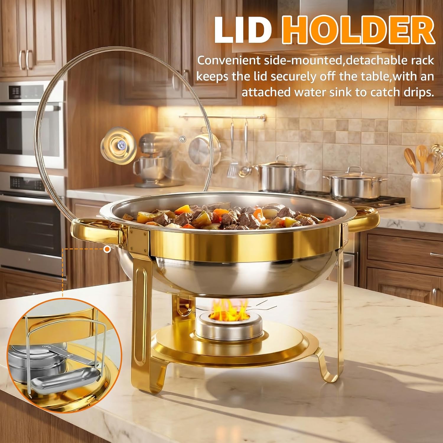 Chafing Dishes for Buffet,4 Pack 5QT Round Chafing Dishes for Buffet, Gold and Silver Stainless Steel Chafing Dishes with Glass Lid and Lid Holder,Food Warmers for Parties Buffet, Wedding, Birthday