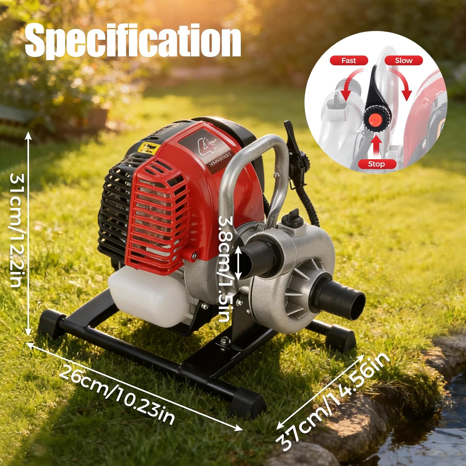 1.6HP 4-Stroke Gas Water Pump- 1.5" Trash Pump,High Flow Pump (66 GPM) with 91.86ft Lift, 22.97ft Suction, 23.67Oz Tank (8H Runtime) for Garden, Farmland, Outdoor Irrigation