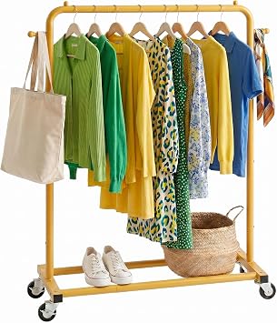 Sywhitta Clothing Rack on Wheels with Storage Shelf & Sturdy Metal Frame, Retail Clothing Rack for Hanging Clothes, Coats,Space-Saving Mobile Organizer for Closet, Bedroom, Laundry Room, Gold Yellow