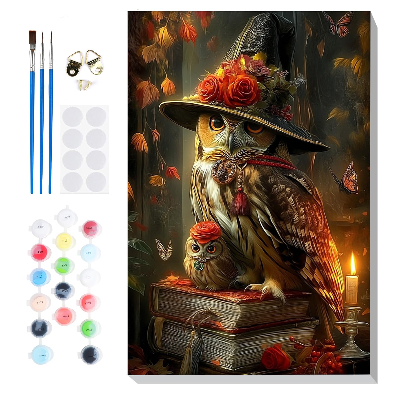 Lxmsja Halloween Framed Paint by Numbers for Adults Beginners, Owl Painting by Numbers on Canvas, DIY Acrylic Autumn Painting Art and Crafts Kit Gifts for Home Wall Decor, 8x12in