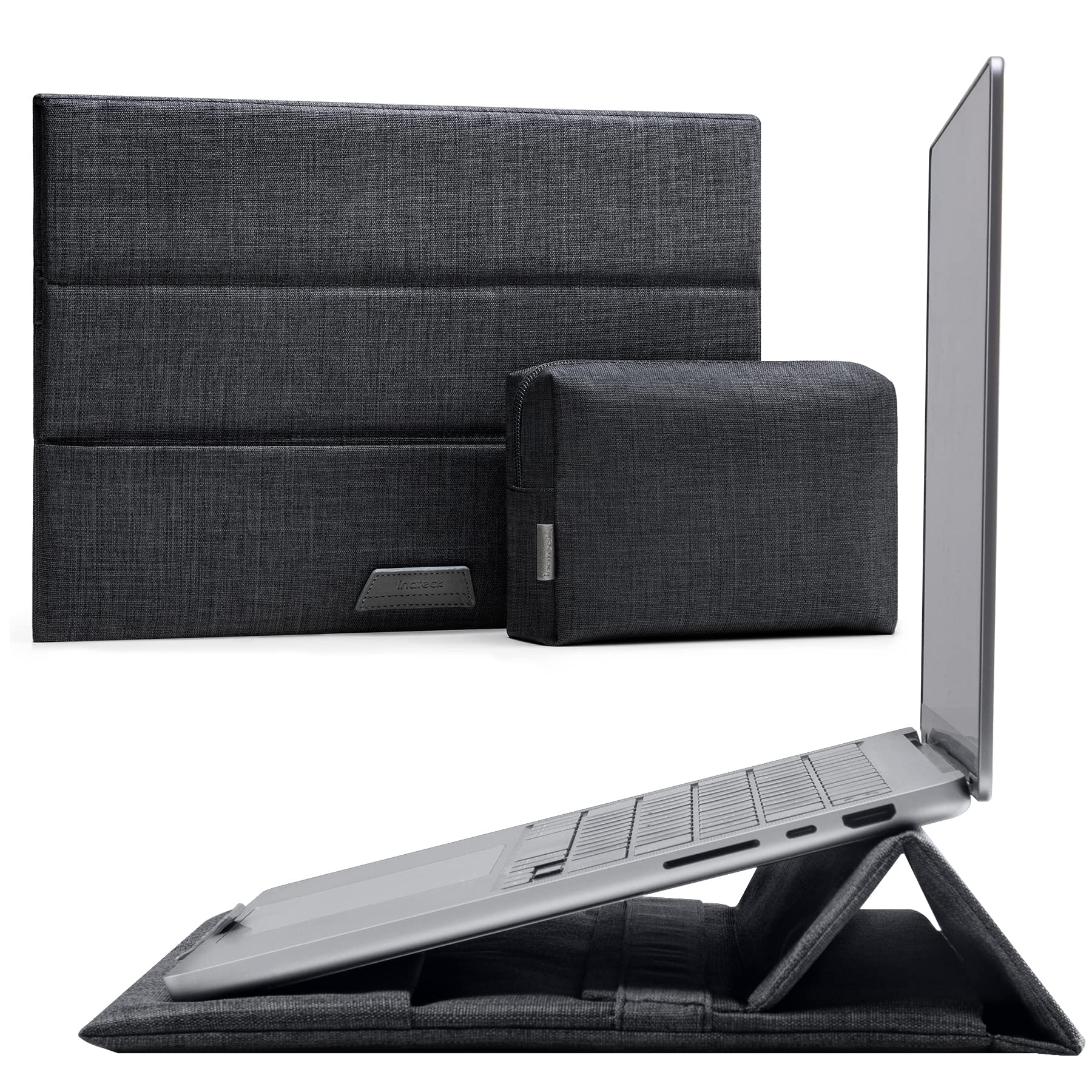 Inateck 13 inch laptophoes met standaardfunctie, compatibel met MacBook Air M2/M1 2022-2016, MacBook Pro M1/M2 2022-2018, Surface Pro 9/8/7/X/6/5/4/3, incl. accessoiretas, zwart grijs