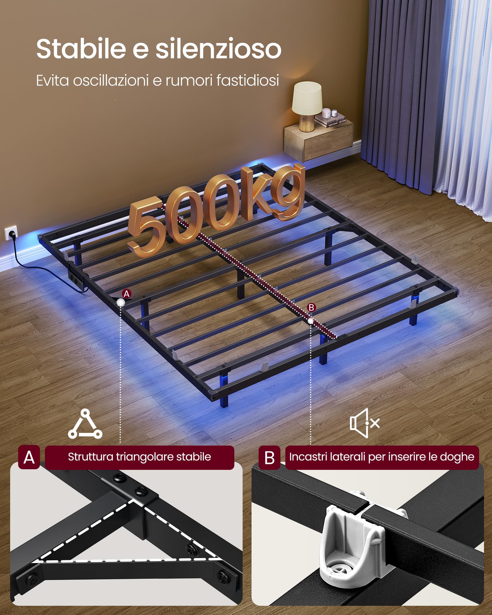 VASAGLE Struttura Letto 160 x 200 cm con LED, Effetto Fluttuante, Multipresa Rimovibile, 2 Prese AC, 1 Porta USB-C, 1 Porta USB-A, 1 Porta USB-A sul Retro, Portata 500 kg, Nero Inchiostro RMB175B101