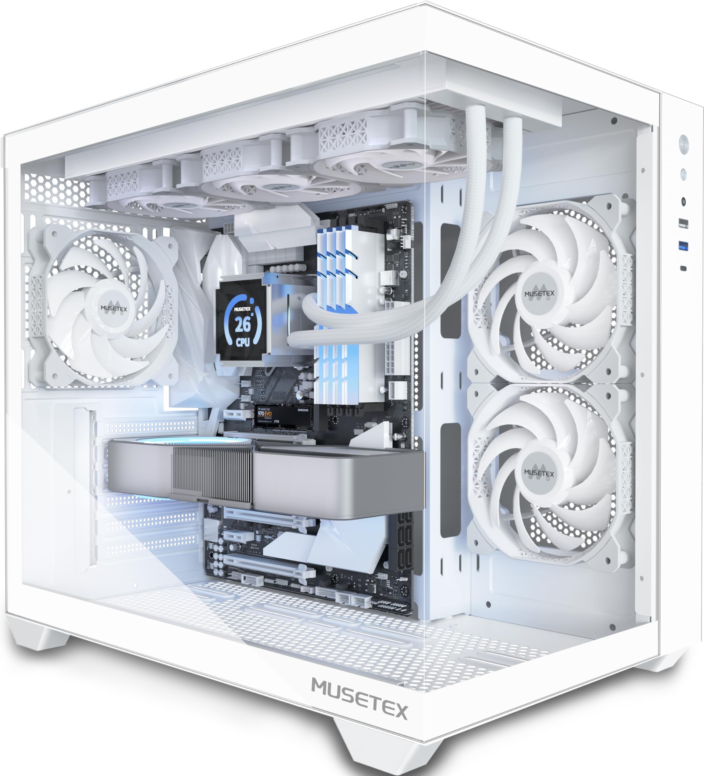 ATX PC Case, 360MM RAD Support, 3 x 120mm Non-ARGB Fans Pre-Installed, 270° Full View Tempered Glass Gaming PC Case with Type-C, Mid Tower ATX Computer Case, White, Y6